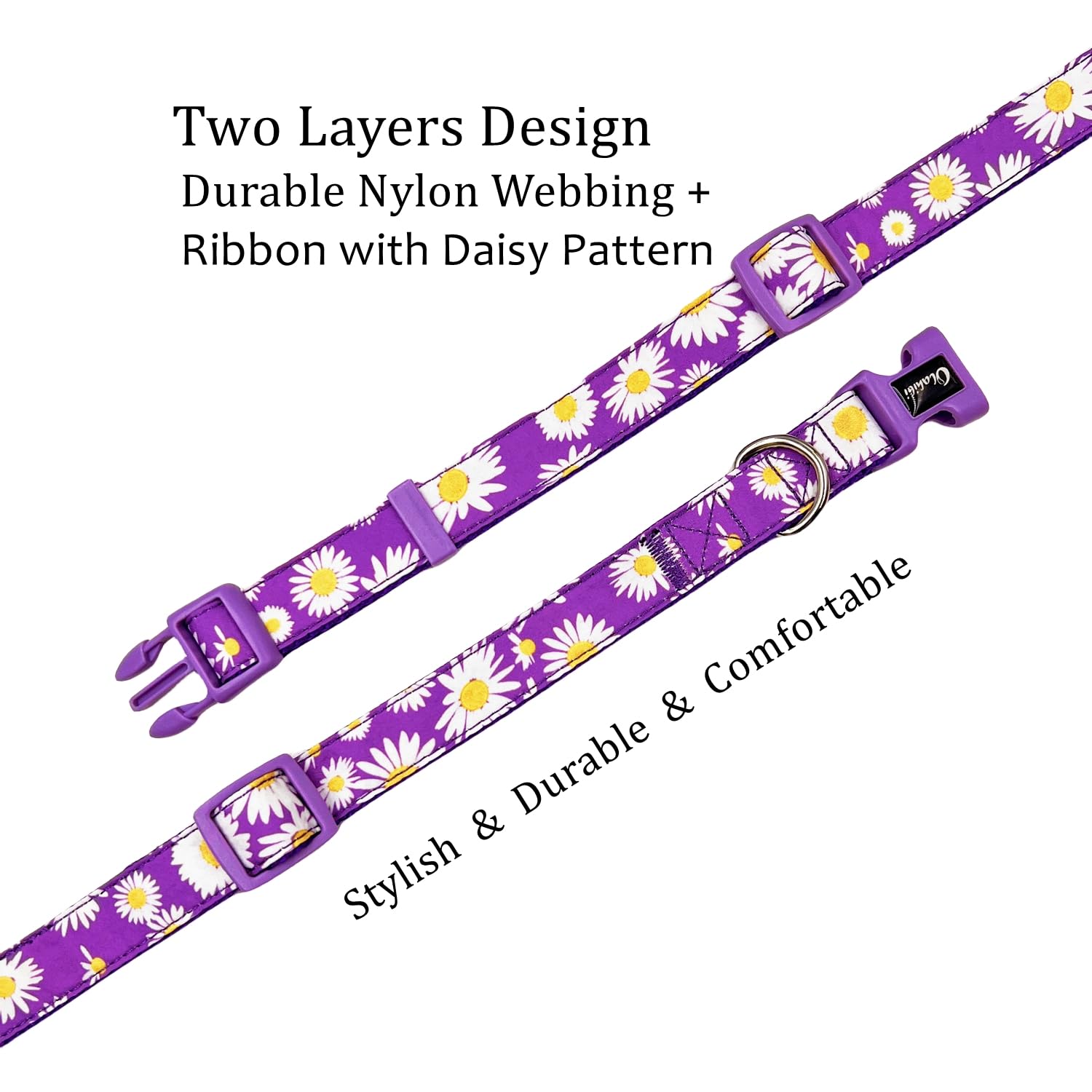 Olahibi Dog Collar, Floral Pattern, Nylon Webbing Plus Cotton Ribbon, For Large Dogs.(L, Purple Daisy)