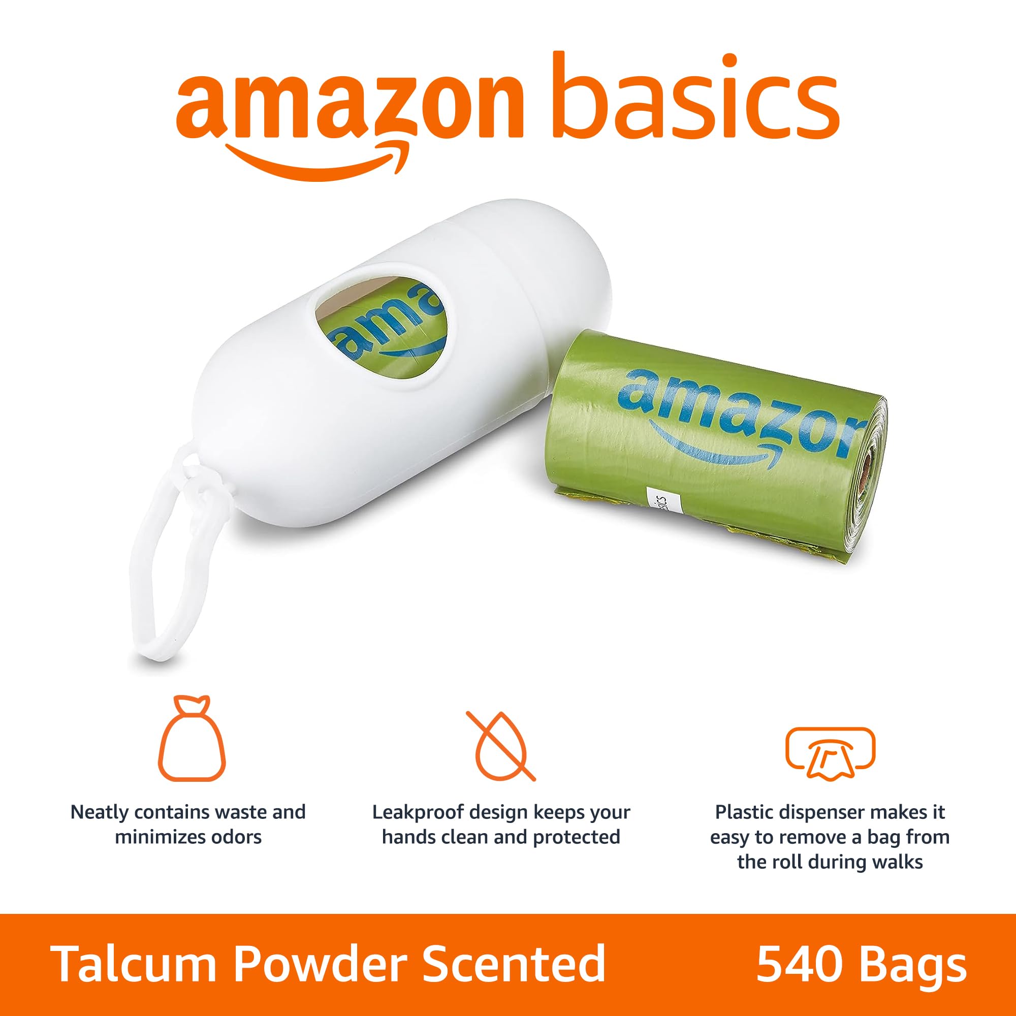 Amazon Basics Dog Poop Bags With Dispenser, 540 Count, Enhanced For Guaranteed Leakproof, Talcum Powder Scented, Includes Leash
