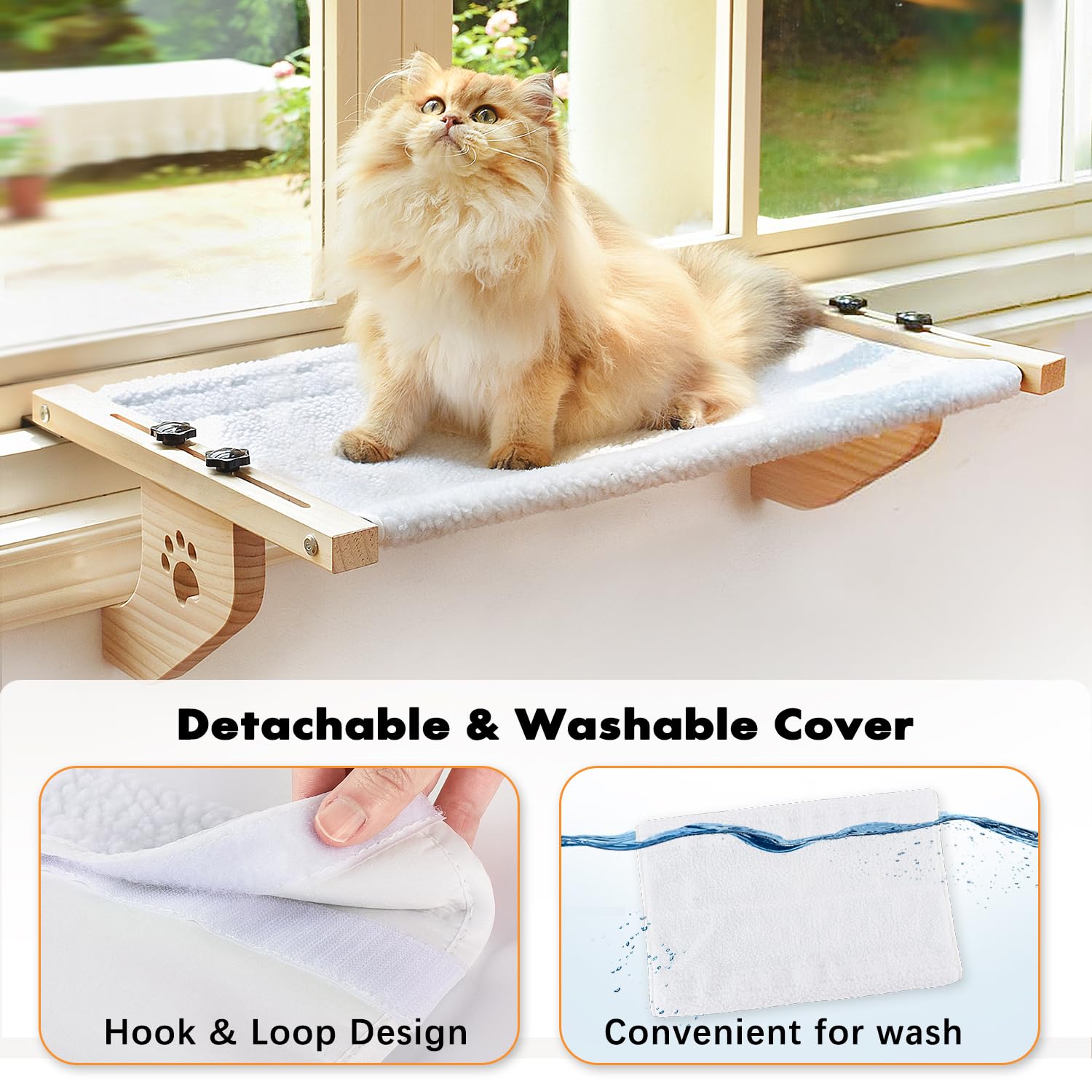 Amosijoy Cat Sill Window Perch Sturdy Cat Hammock Window Seat With Wood & Metal Frame For Large Cats, Easy To Adjust Cat Bed For Windowsill, Bedside, Drawer And Cabinet (24.4''-White Plush)