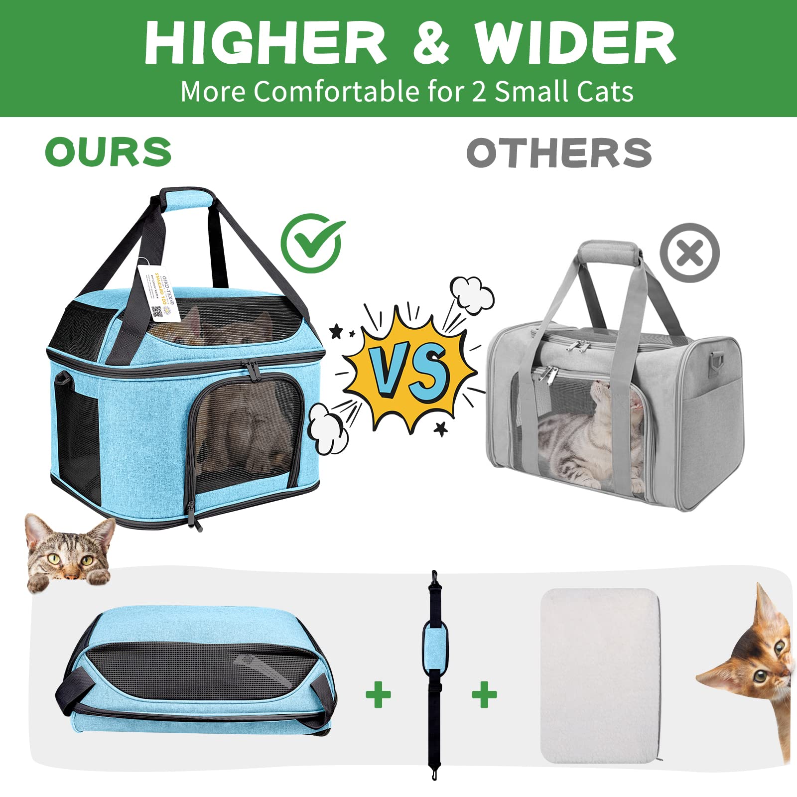 Bejibear Large Cat Carrier For 2 Cats, Oeko-Tex Certified Soft Side Pet Carrier For Cat, Small Dog, Collapsible Travel Small Dog Carrier, Tsa Airline Approved Cat Carrier For Large Cats 20 Lbs, Blue