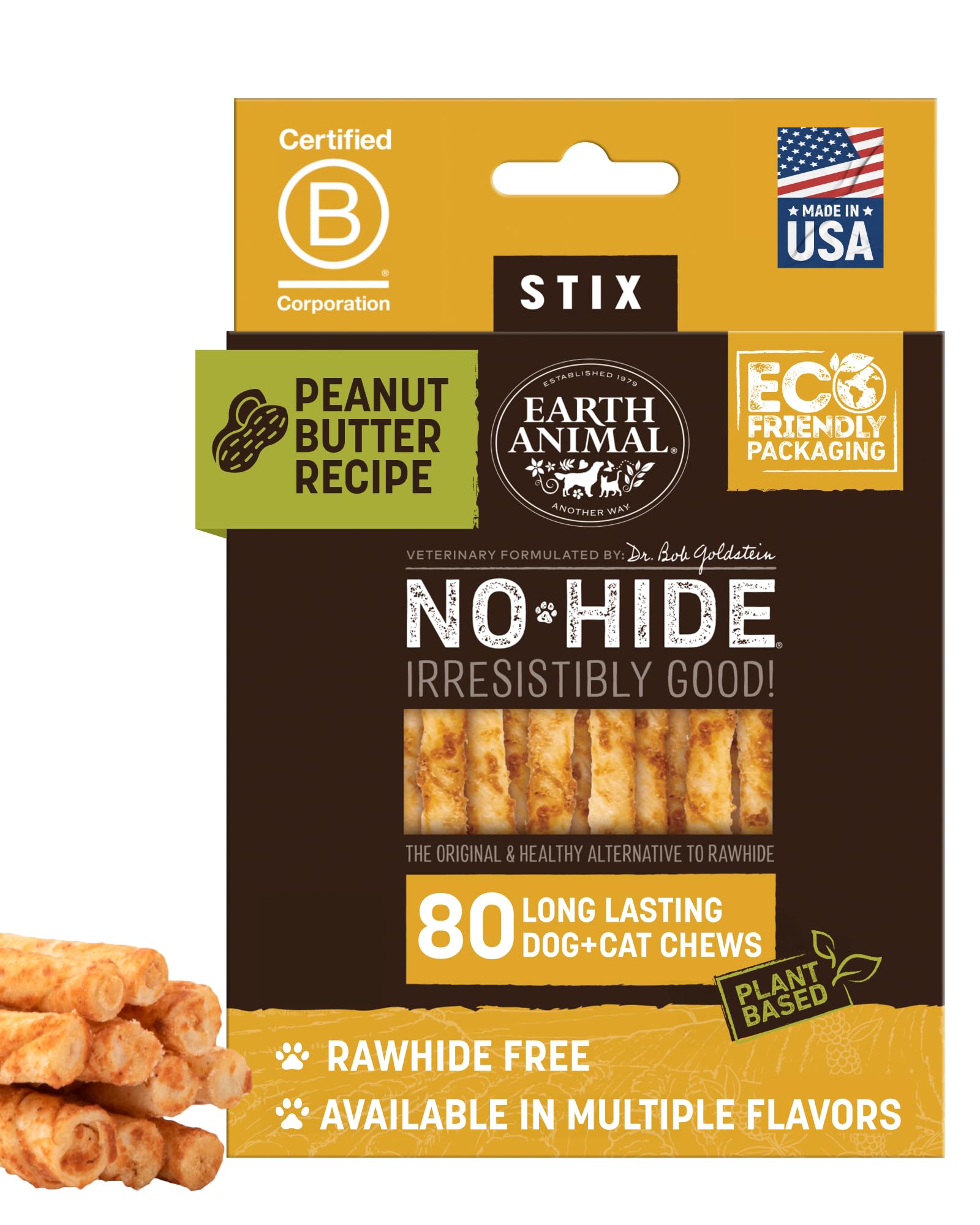 Earth Animal No Hide Stix - Long Lasting Rawhide Free Small Dog Chews Sticks, Peanut Butter - 80 Count Extra Value Pack
