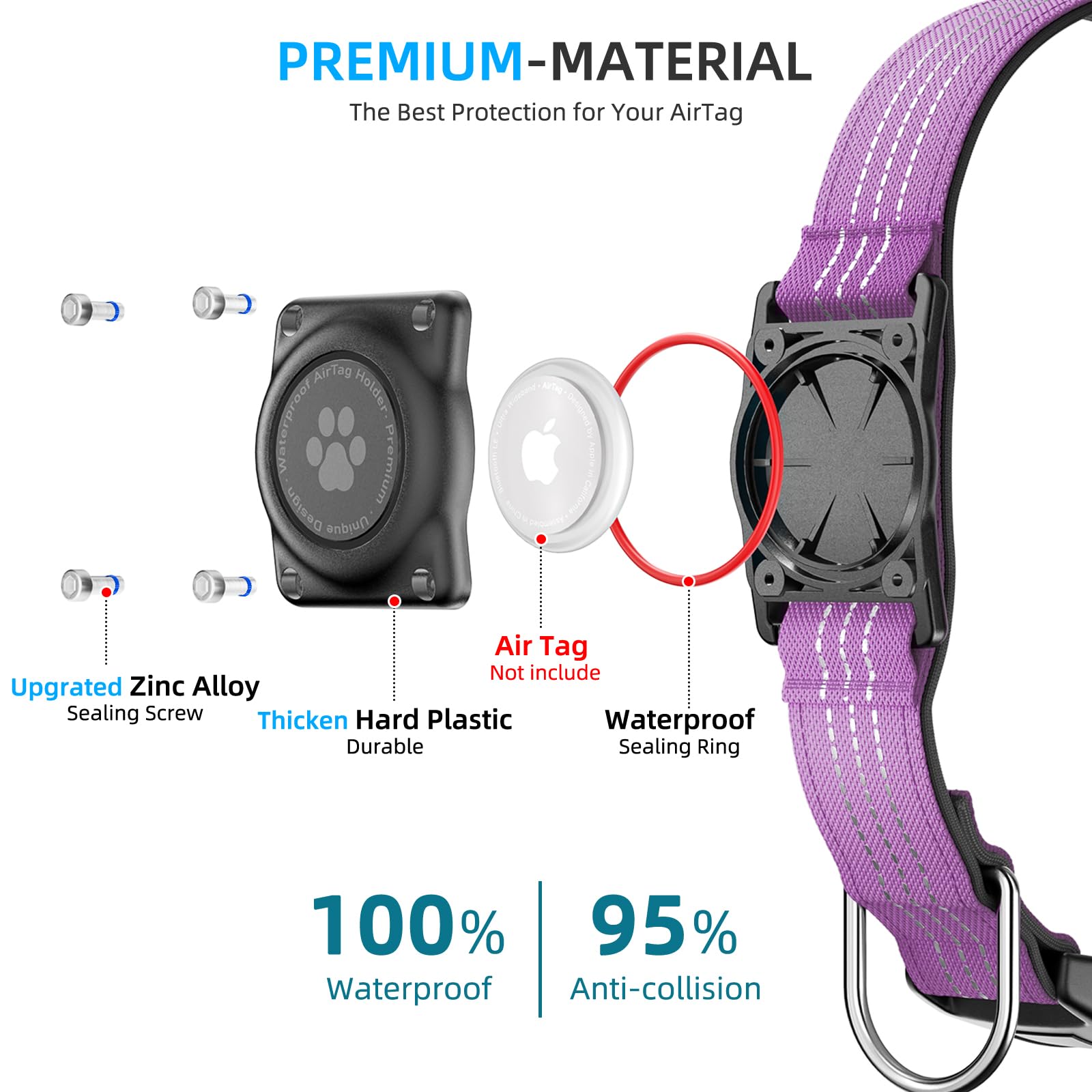 Upgraded Airtag Dog Collar, Ip68 Waterproof Air Tag Dog Collar Holder, Reflective, Ultra-Durable, Comfortable Padded, Heavy Duty Dog Collars For Small Medium Large Dogs (Xl (15.6'-22'), Purple)