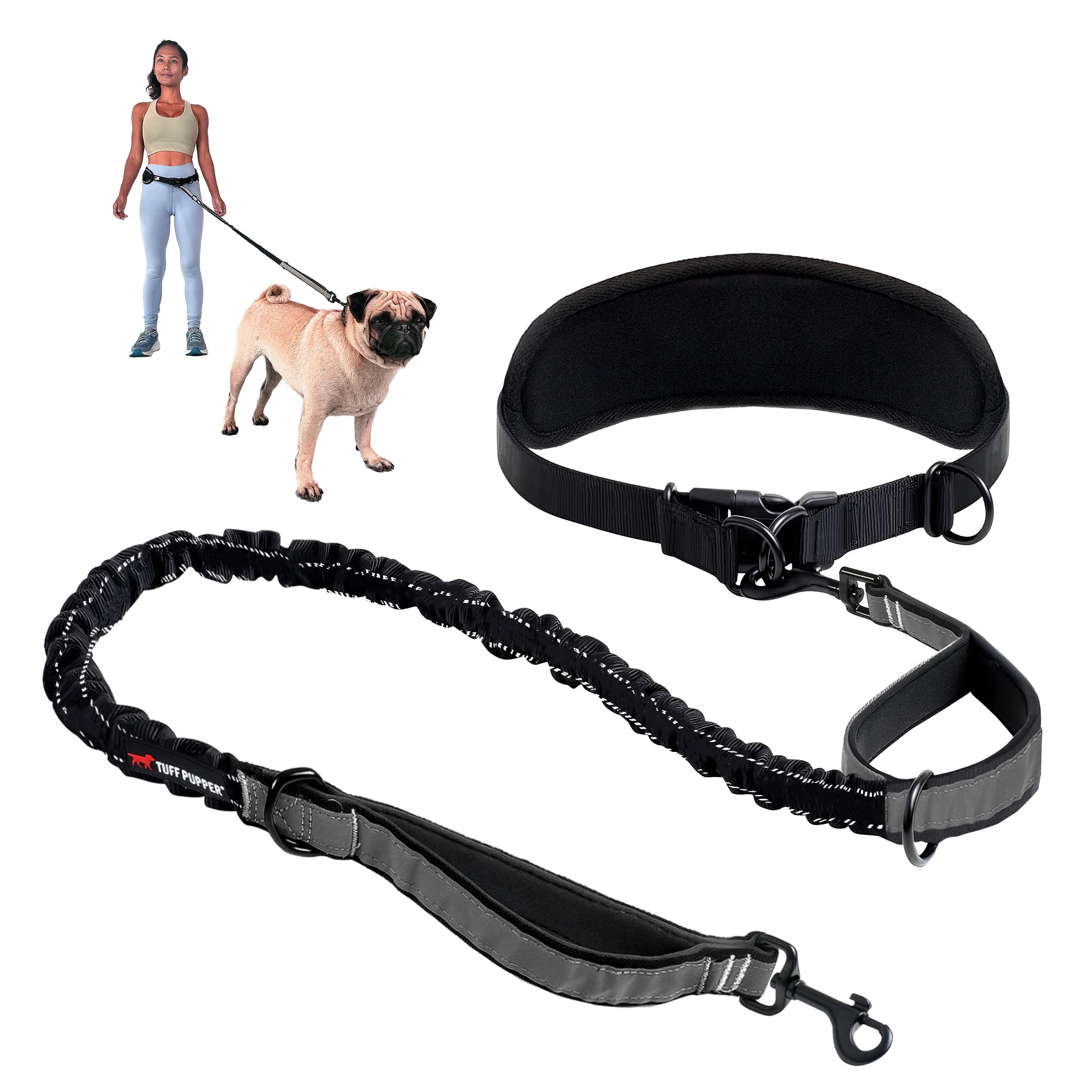 Tuff Pupper Heavy Duty Hands Free Dog Leash | One Small/Medium Dog Up To 45 Lbs | Comfortable Shock Absorbing Bungee | Reflectiv