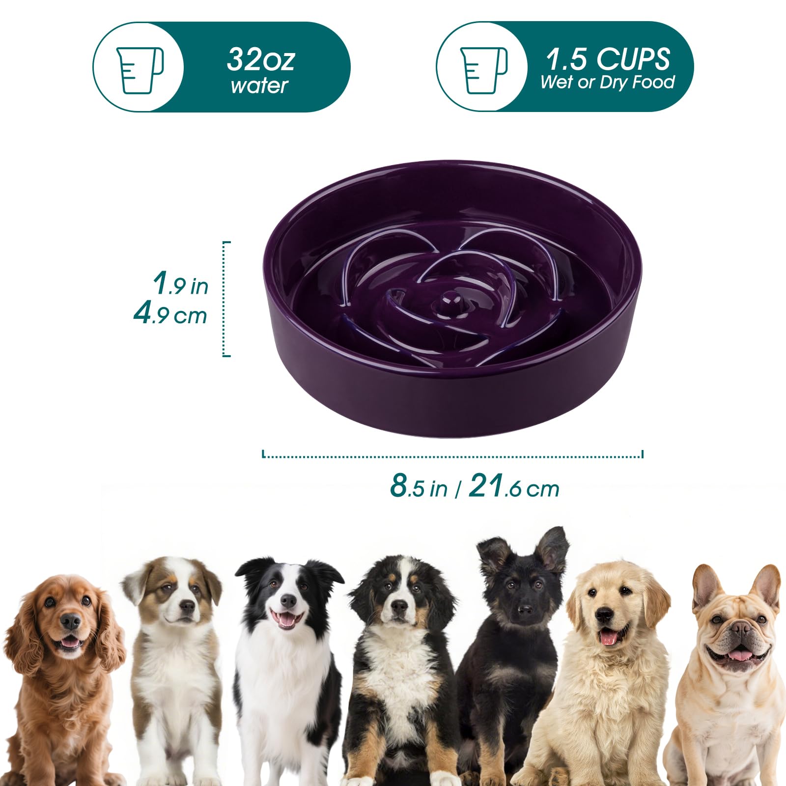vancasso Slow Feeder Dog Bowl, 1.5 Cups Ceramic Slow Feeder for Medium Breed, Puzzle Maze Food Dog Bowl for Fast Eater, Dark Pur