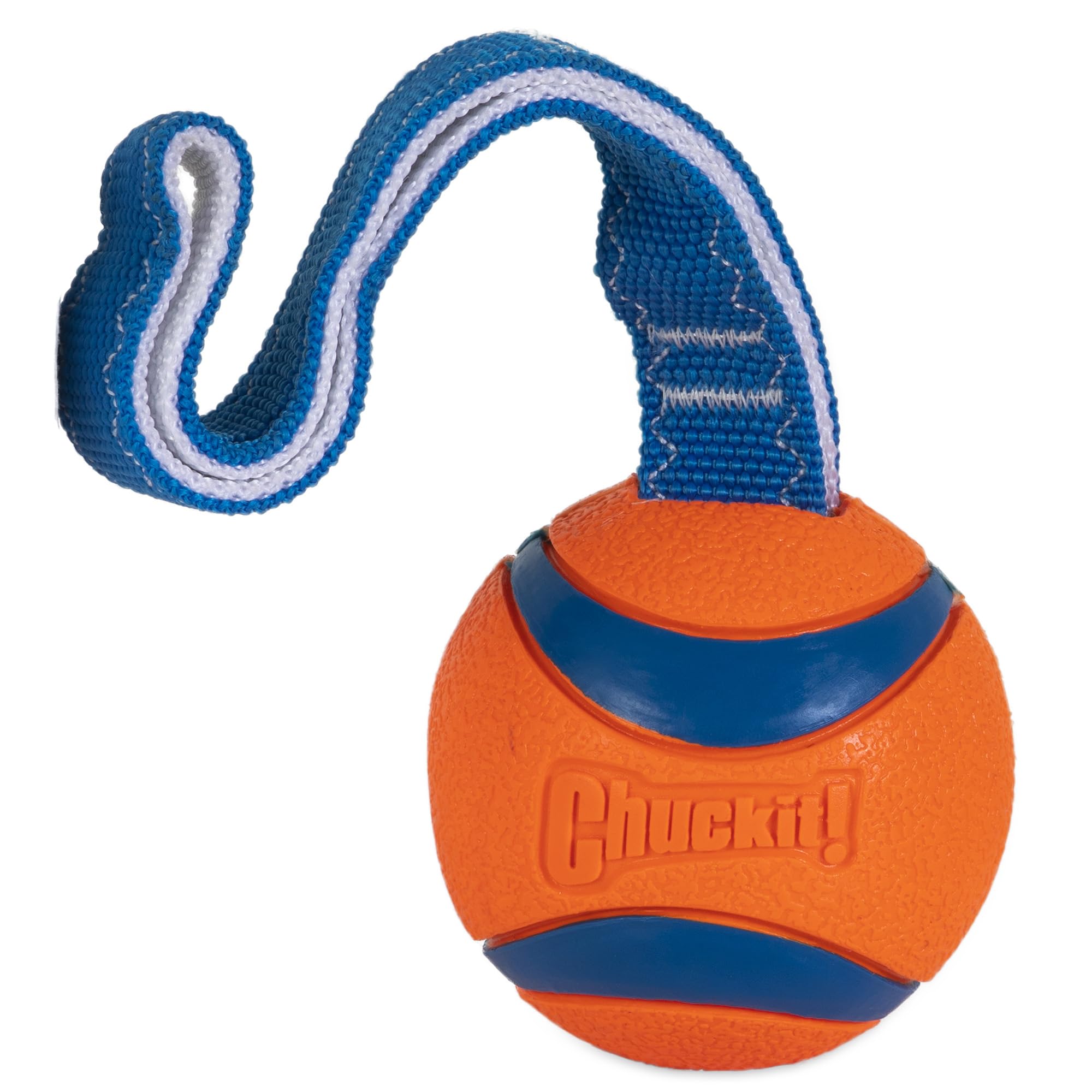 Chuckit! Ultra Tug Dog Toy - Ultra Ball On A Durable Nylon Cord Handle - Fetch And Tug-Of-War Toy For Dogs - Size Large - For Breeds 60-100 Lbs - 3-Inch Diameter - Orange And Blue