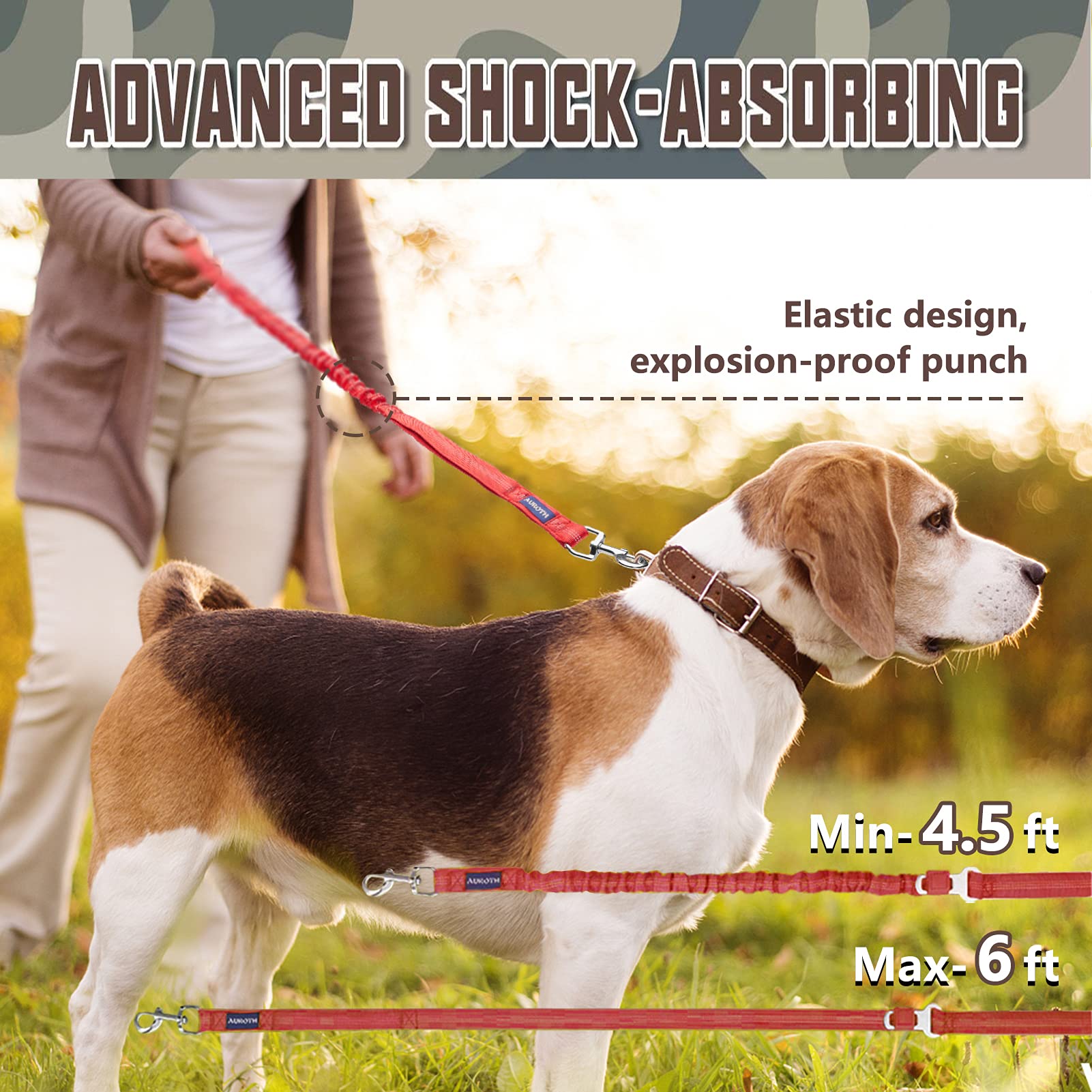 AUROTH Heavy Duty Dog Leash for Large Dogs, 6FT Bungee, Red, Nylon with 2 Padded Handles, No Pull Shock Absorption