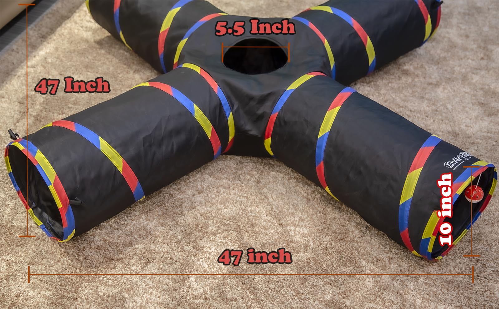Sweetbin 4 Way Large Cat Tunnels For Indoor Cats - 10' Diameter & 47' Long Cat Play Tunnel Toy - Cat Tube With Play Ball & Mouse Toy - Interactive Peephole (Black)