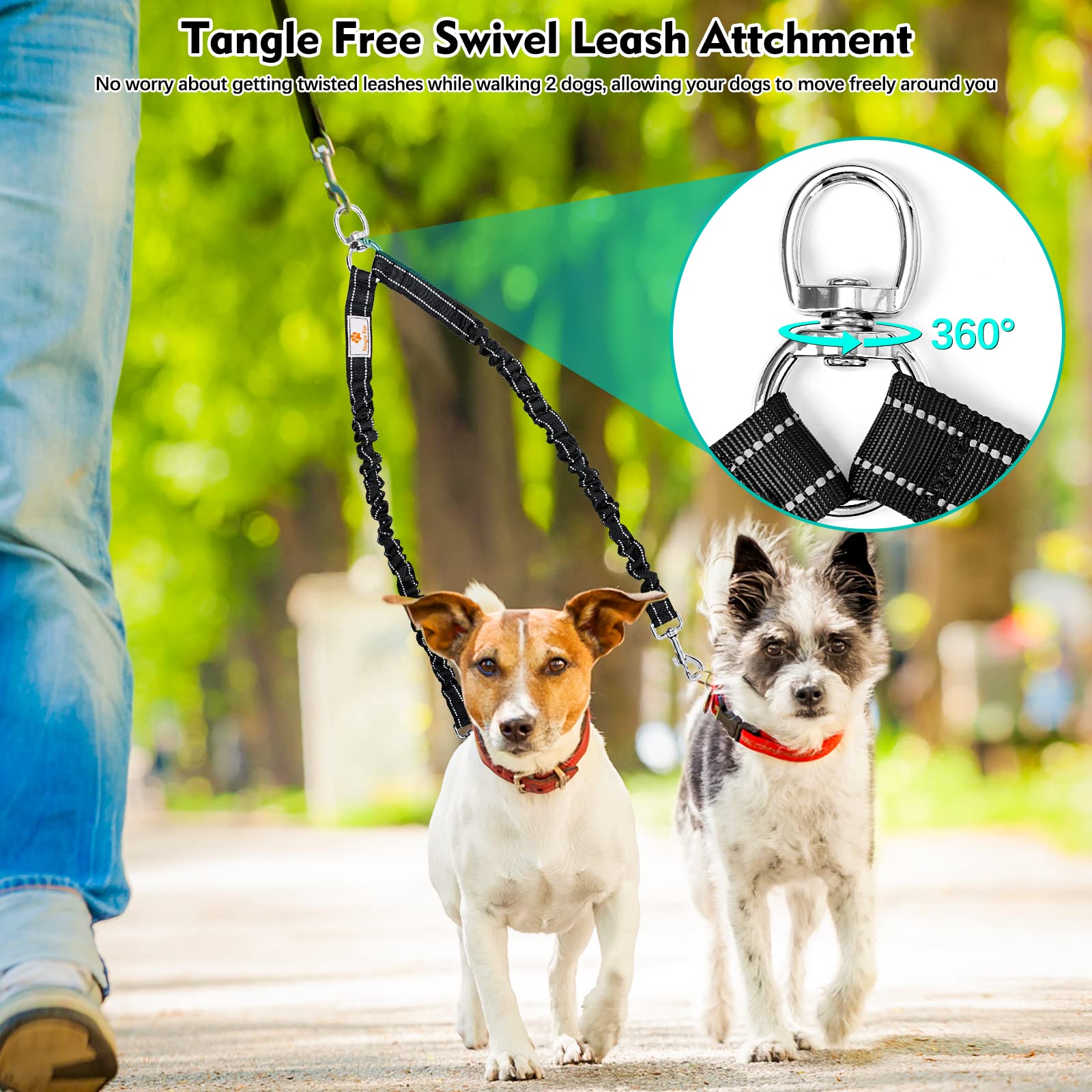 2 Dog Leash,Double Dog Leash Coupler Tangle Free Bungee Dog Leash, 360° Swivel No Tangle Double Dog Walking & Training Leash, Comfortable Shock Absorbing Reflective Bungee Lead Walk 2 Dogs With Ease