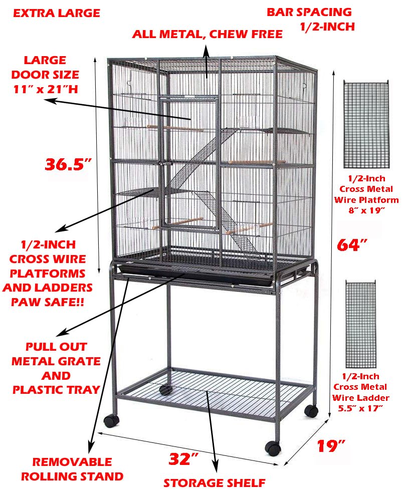 64'' Extra Large Wrought Iron Tight 1/2-Inch Bar Spacing 4-Levels Ferret Chinchilla Sugar Glider Rats Metal Chew Free Cage with