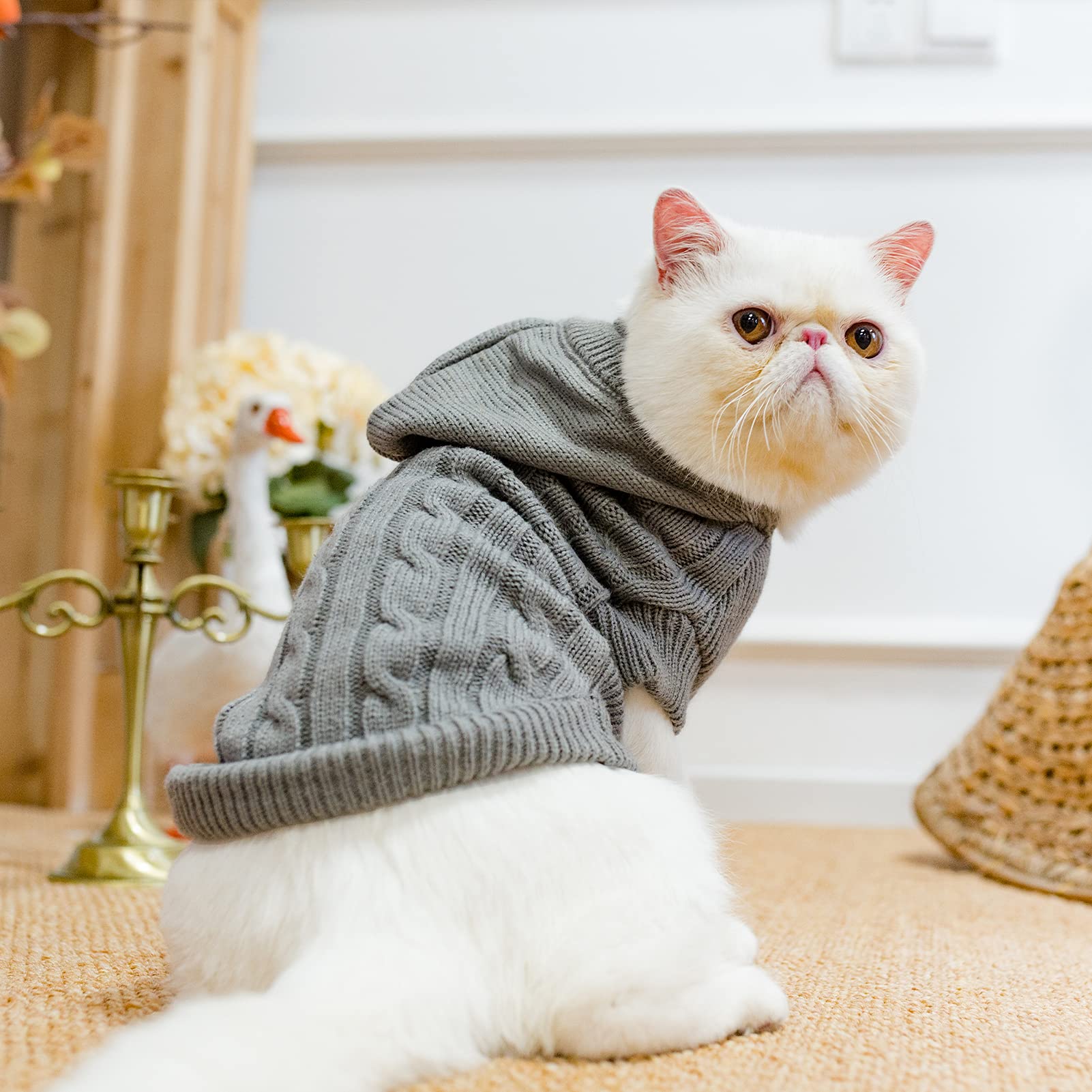 Pupteck Winter Dog Cat Sweater Coat - Soft Cold Weather Clothes Knitwear For Kitties & Small Dogs Indoor Outdoor Walking Warm, Knitted Classic For Doggies Kitties Girls Boys, Grey L