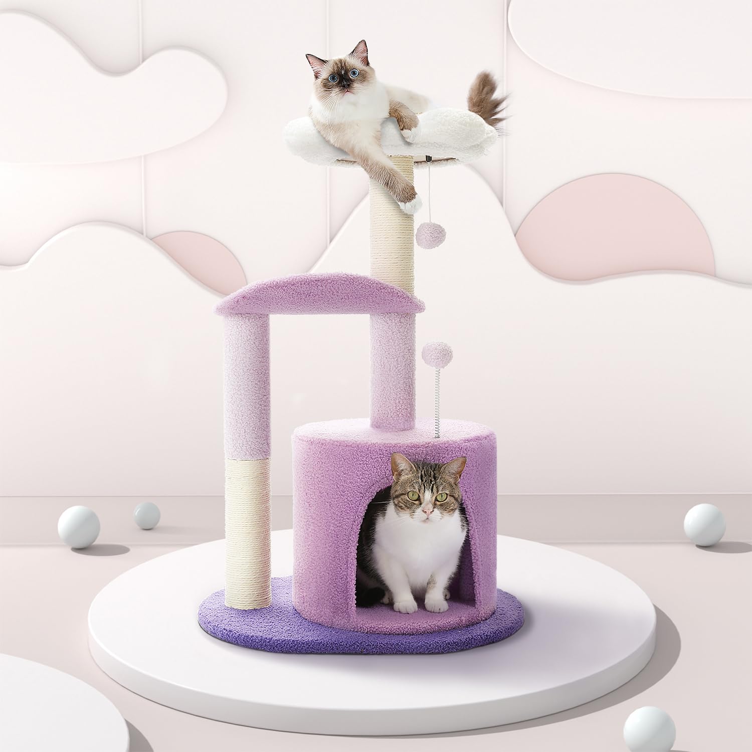 PAWZ Road Cat Tree,32 Inches Purple Flower Cat Tower with Sisal Covered Scratching Post, Cozy Condo, Plush Perches and Fluffy Ba
