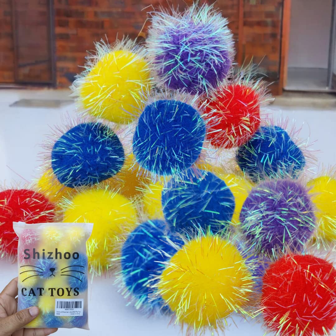 Shizhoo 20 Pieces Sparkle Pom Pom Balls For Cat - Interactive Glitter Balls, Multicolor, Size Of 1.6 Inches, Best As Kitten Play