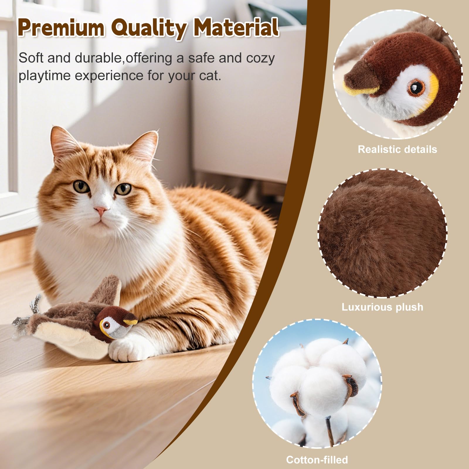 Poreids Chirping Bird Cat Toy - Interactive Flapping Bird Cat Toy For Indoor Cats, Simulated Rechargeable Flappy Sparrow With Ca