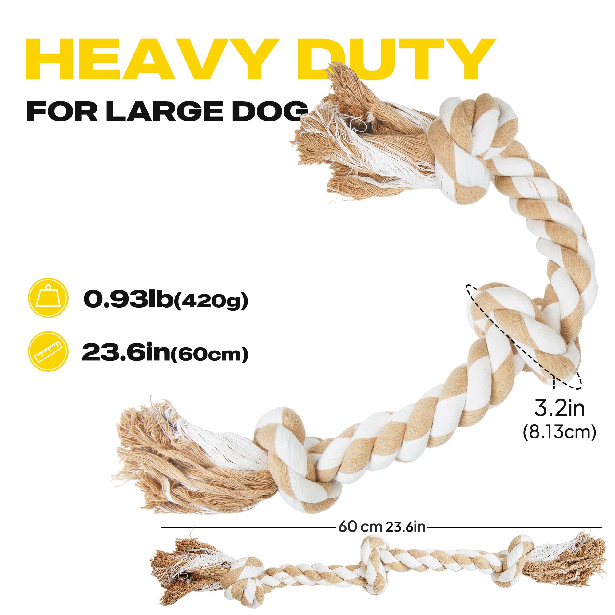 Fida Dog Rope Toys For Large/Medium Aggressive Chewers, Tough Rope Chew Toy,Natural Cotton 3 Knots