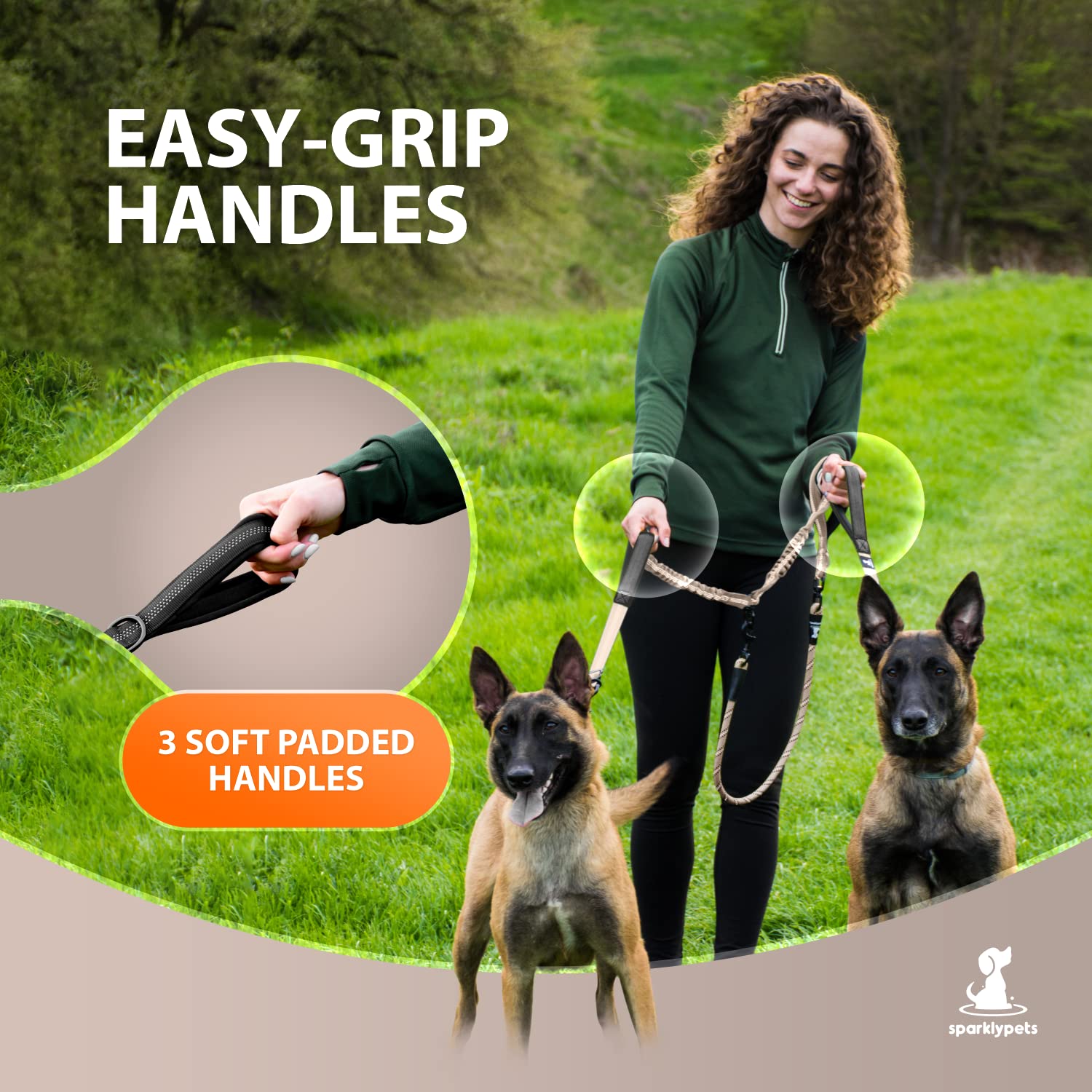 Heavy Duty Rope Bungee Leash For Large And Medium Dogs With Anti-Pull For Shock Absorption - No Slip Reflective Leash For Outside (Brown, For 2 Dogs)