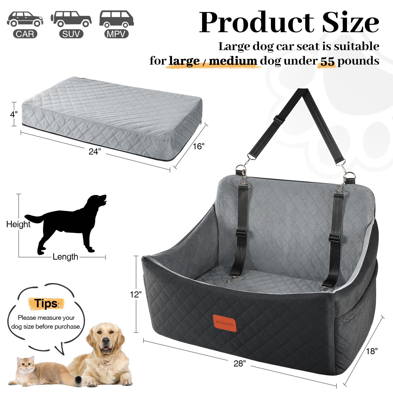Wooaidagg Dog Car Seat for Medium & Large Dogs Up to 55lbs, Memory Foam Cushion, Washable Cover, Safety Straps & Non-Slip Base(B