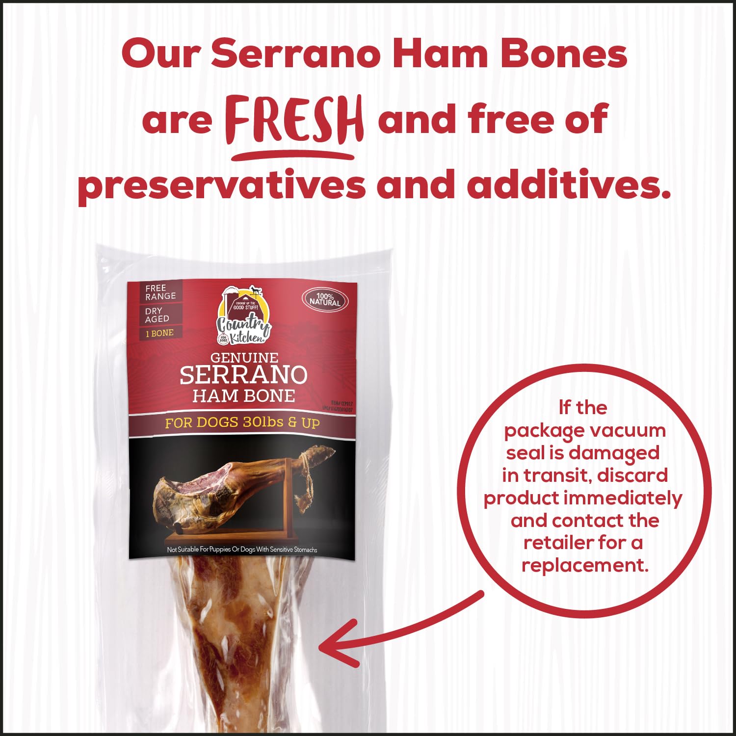 Country Kitchen Genuine Serrano Ham Bone, 100% Natural, Dry Aged, for Medium Sized Dogs, Pack of 1
