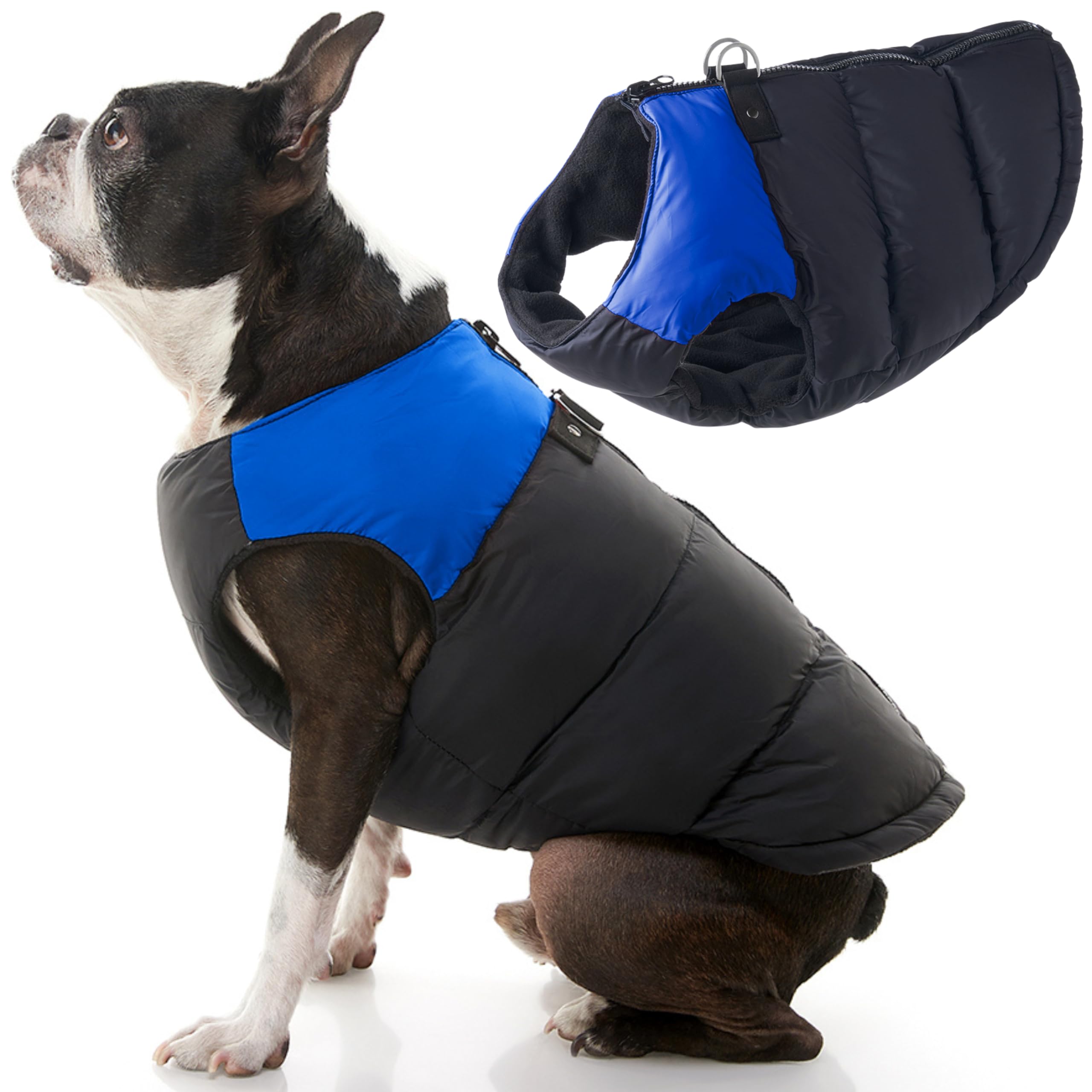 Gooby Padded Vest Dog Jacket - Blue, Medium - Warm Zip Up Vest Fleece Jacket With Dual D Ring Leash - Winter Water Resistant Swe
