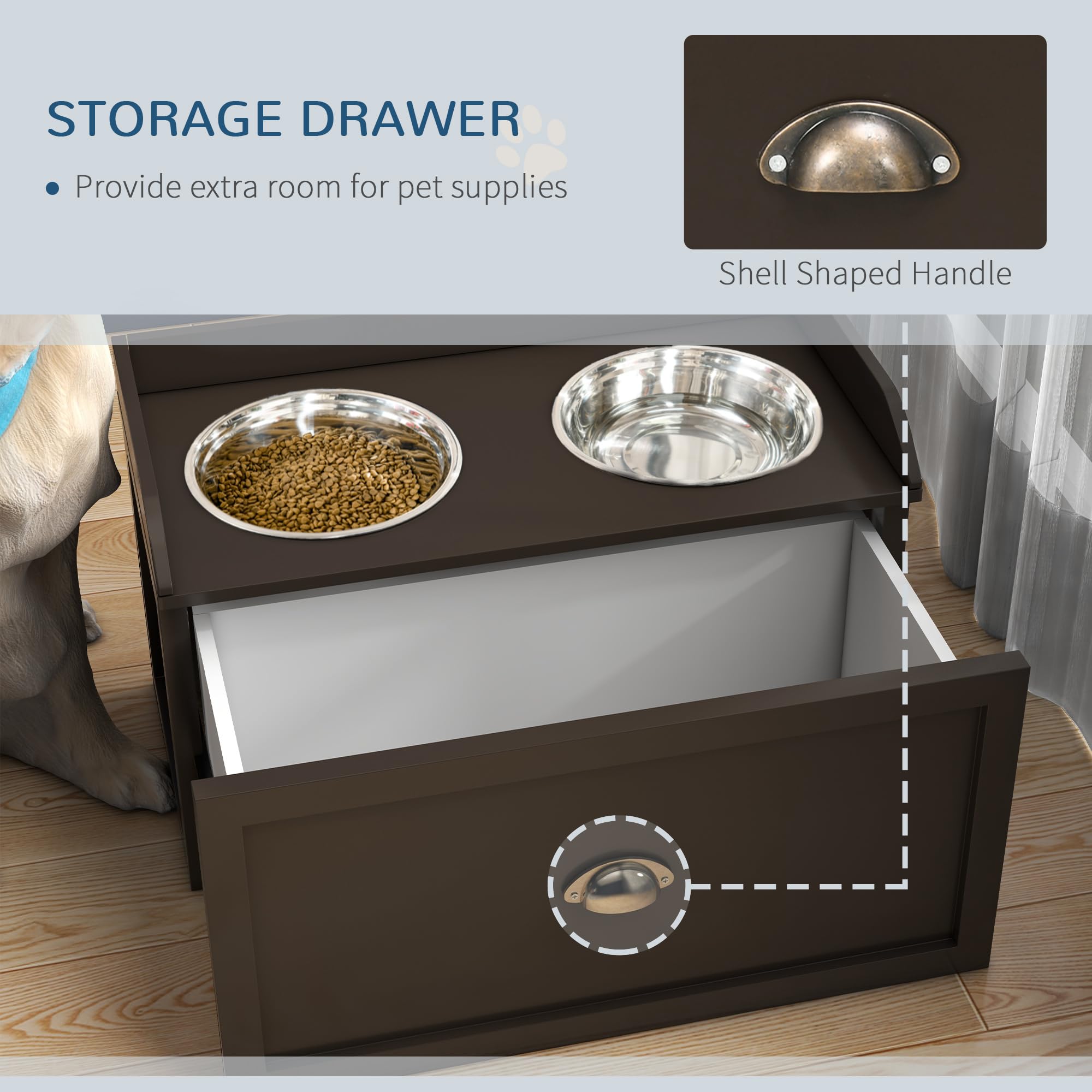 PawHut Dog Feeding Station with Storage Drawer, Dog Food Storage Cabinet with 2 Removable Elevated Dog Bowls for Large Sized Dog