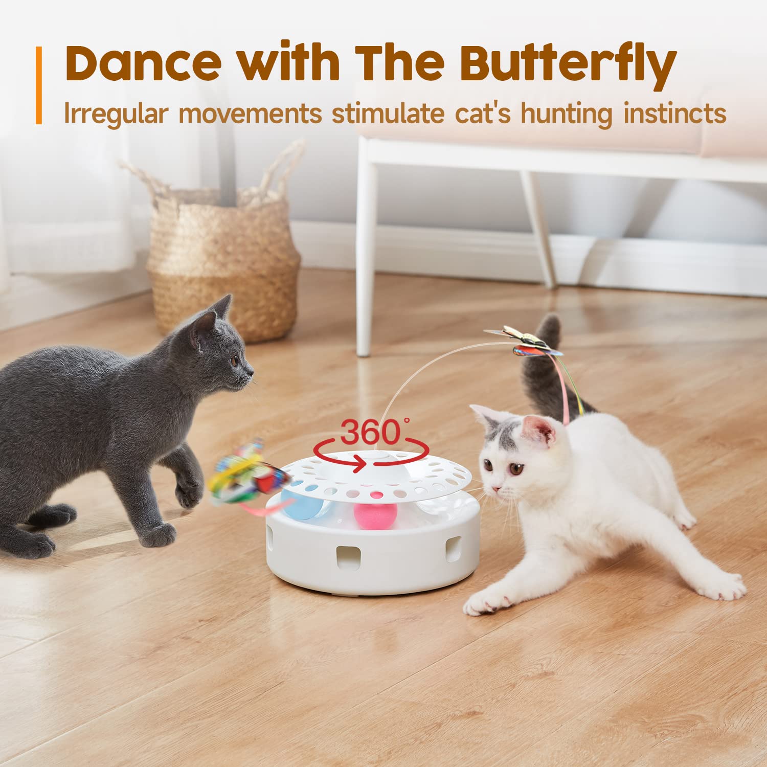 Potaroma Cat Toys 3In1 Automatic Interactive Kitten Toy, Fluttering Butterfly, Moving Ambush Feather, Track Balls, Dual Power Supplies, Usb Powered, Indoor Exercise Kicker (Bright White)