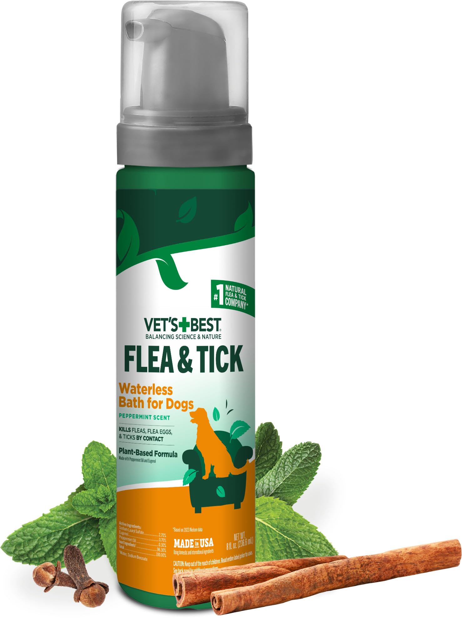 Vets Best Flea & Tick Waterless Bath Foam for Dogs - Flea-Killing Dry Shampoo for Dogs - Plant-Based Ingredients - Certified Na
