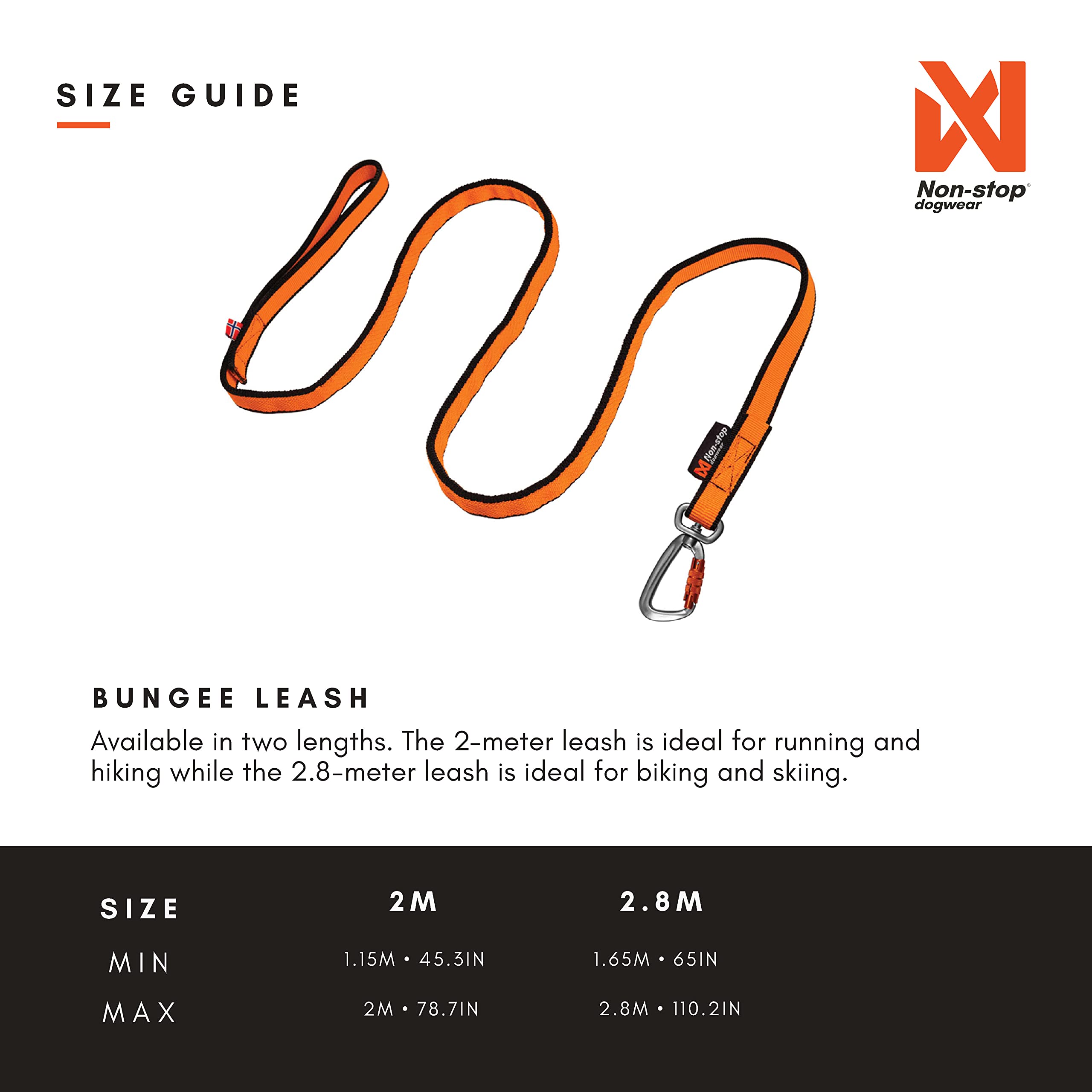 Non-Stop Dogwear Bungee Leash Elastic Dog Leash For Sports Like Running, Biking And Skiing With Dogs, Black/Orange, Size 2.8 M /