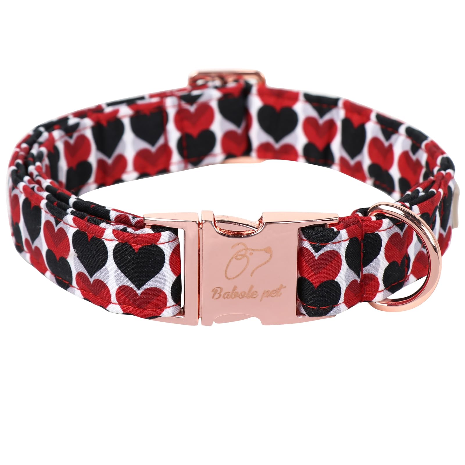 Babole Pet Valentines Dog Collar, Red Black Heart Valentine Pet Collar With Metal Buckel, Durable Adjustable Holiday Dog Collars