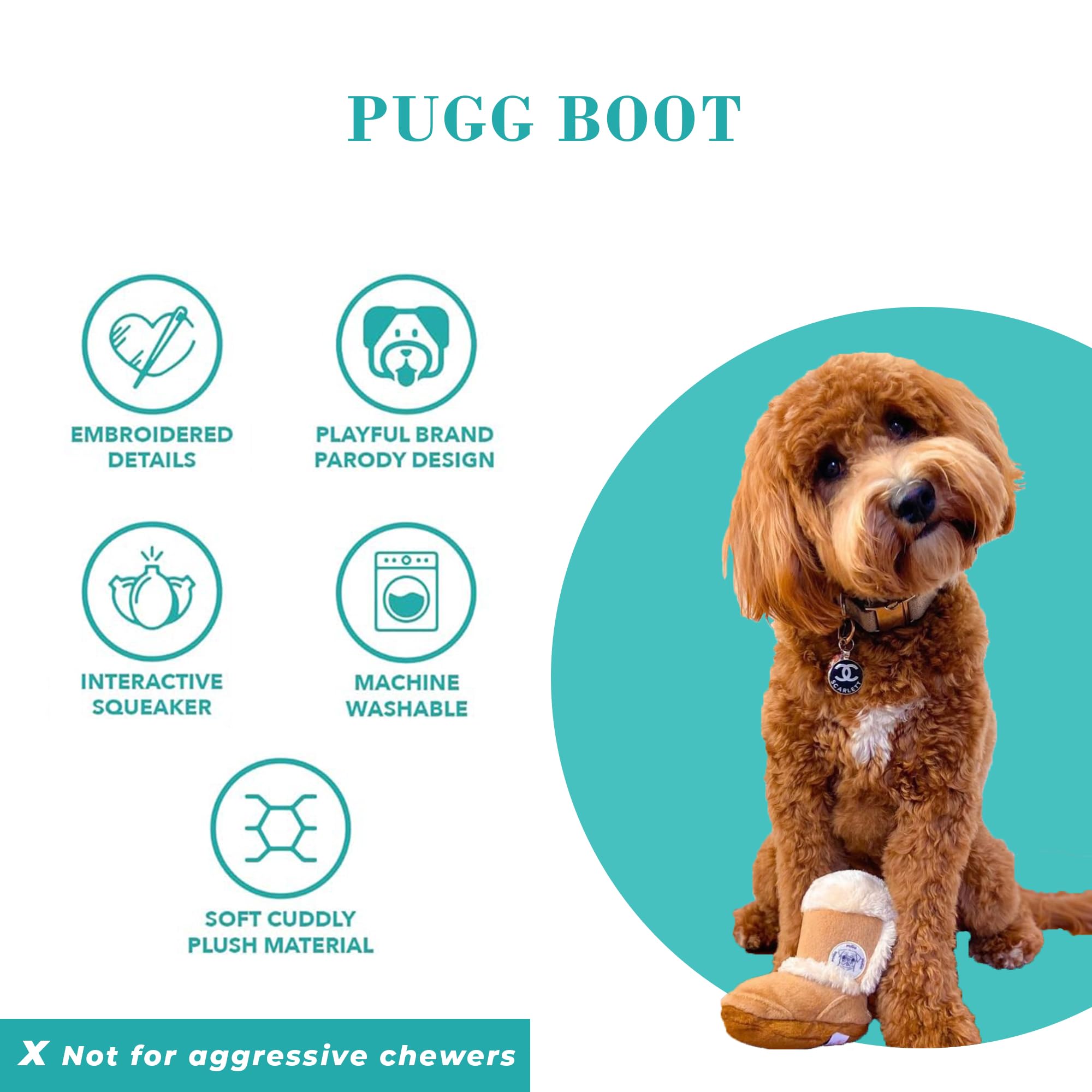 Haute Diggity Dog Pugg Boot, Plush Designer Dog Toys with Interactive Squeaker, Stimulating Pet Enrichment, Machine-Washable & S