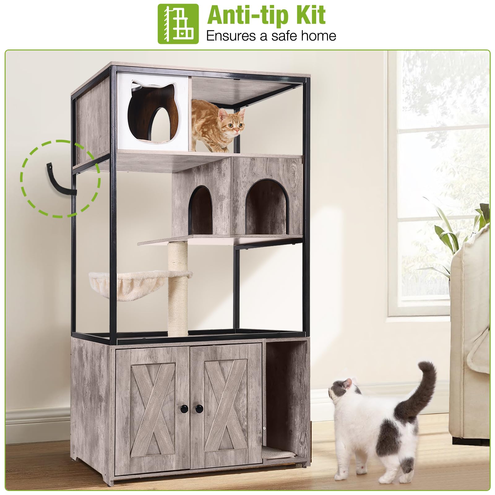 Gutinneen Cat Litter Box Enclosure Cat Tree With Hidden Litter Box, Scratching Post, Hammock, And Mat, 57.5 Inch (Nature)