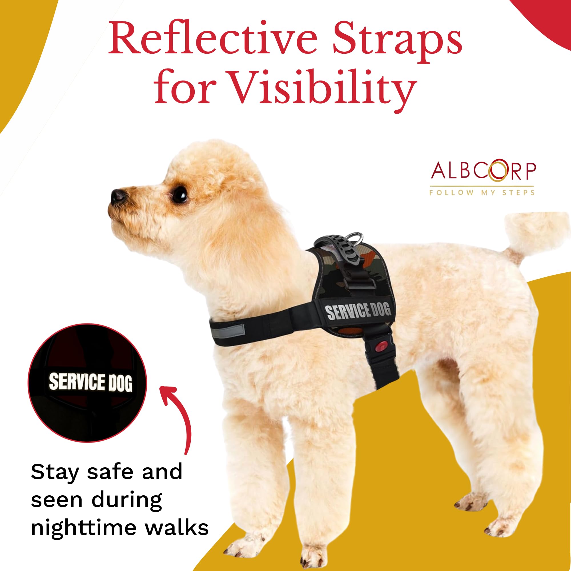 Albcorp Service Dog Vest Harness - Reflective - Woven Polyester And Nylon, Comfy Mesh Padding - Sizes From Xxs To Xl - Service Dog Patches Included. Green Camo, Small