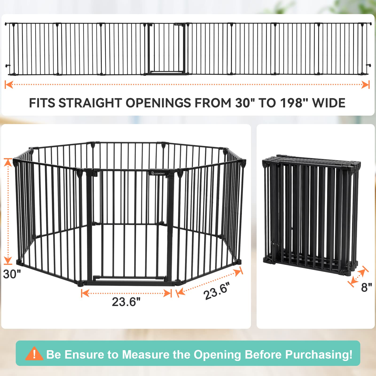 COMOMY 198 Baby Gate Extra Wide, Dog Gate Pet Gate for House Stairs Doorways Fireplace, 3 in 1 Play Yard Child Safety Gate, Auto