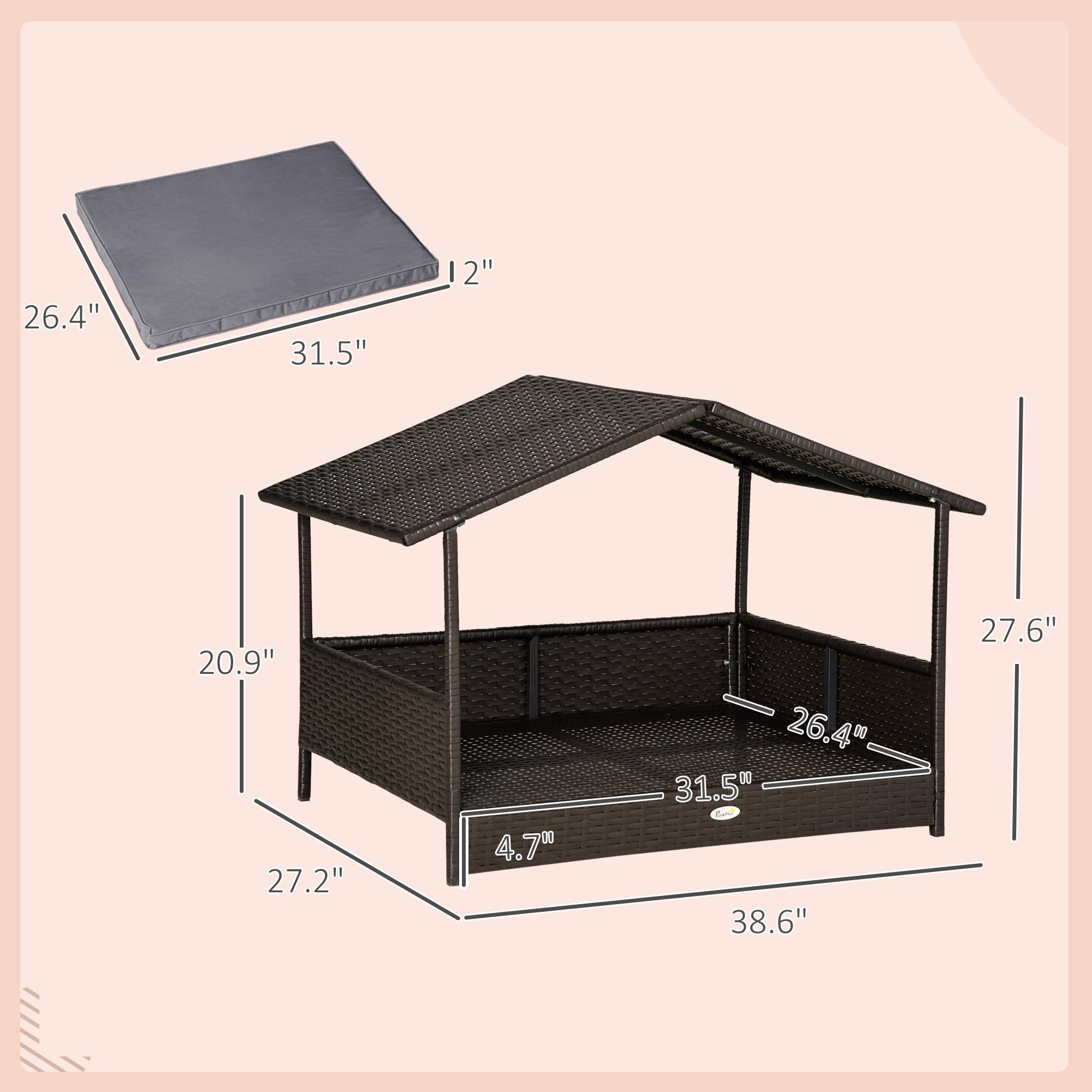 PawHut Wicker Dog House Elevated Raised Rattan Bed for Indoor/Outdoor with Removable Cushion Lounge, Grey