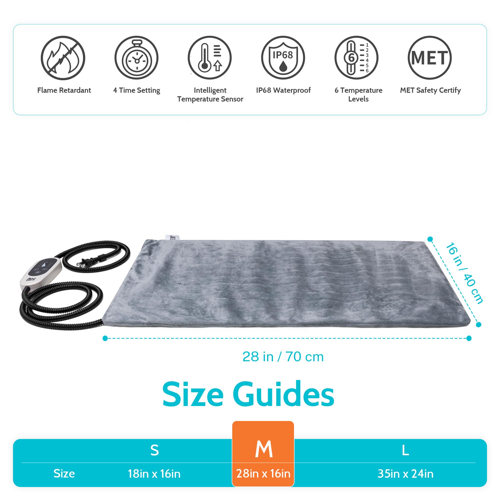 Jazzy Fuzzy Pet Heating Pad, 6 Adjustable Temperature Indoor Heated Pad With Timer, For Cats And Dog With Chew Resistant Cord (M