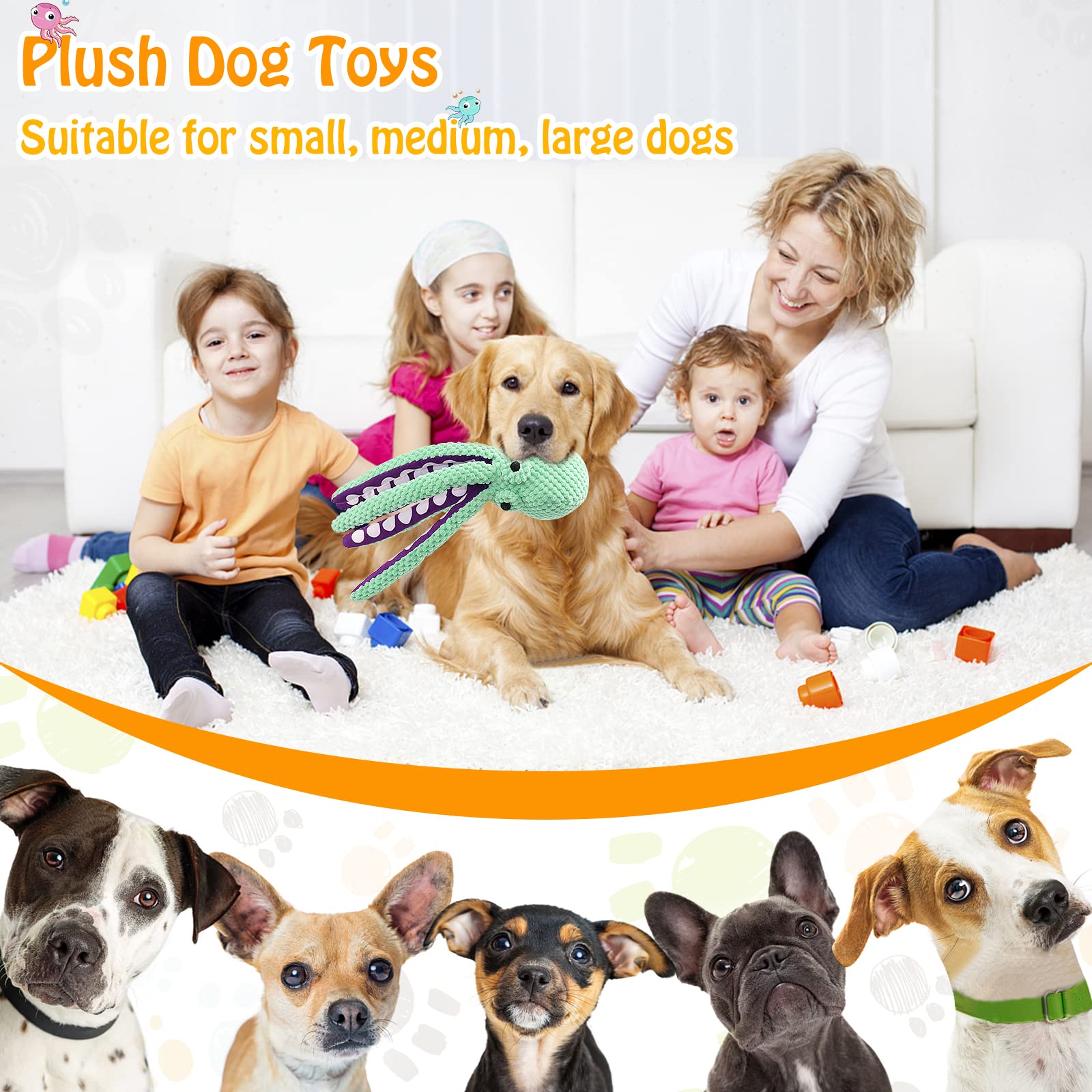 Fuufome Large Plush Squeaky Dog Toy - Soft Fabric for All Dog Sizes, Green, Model P-002