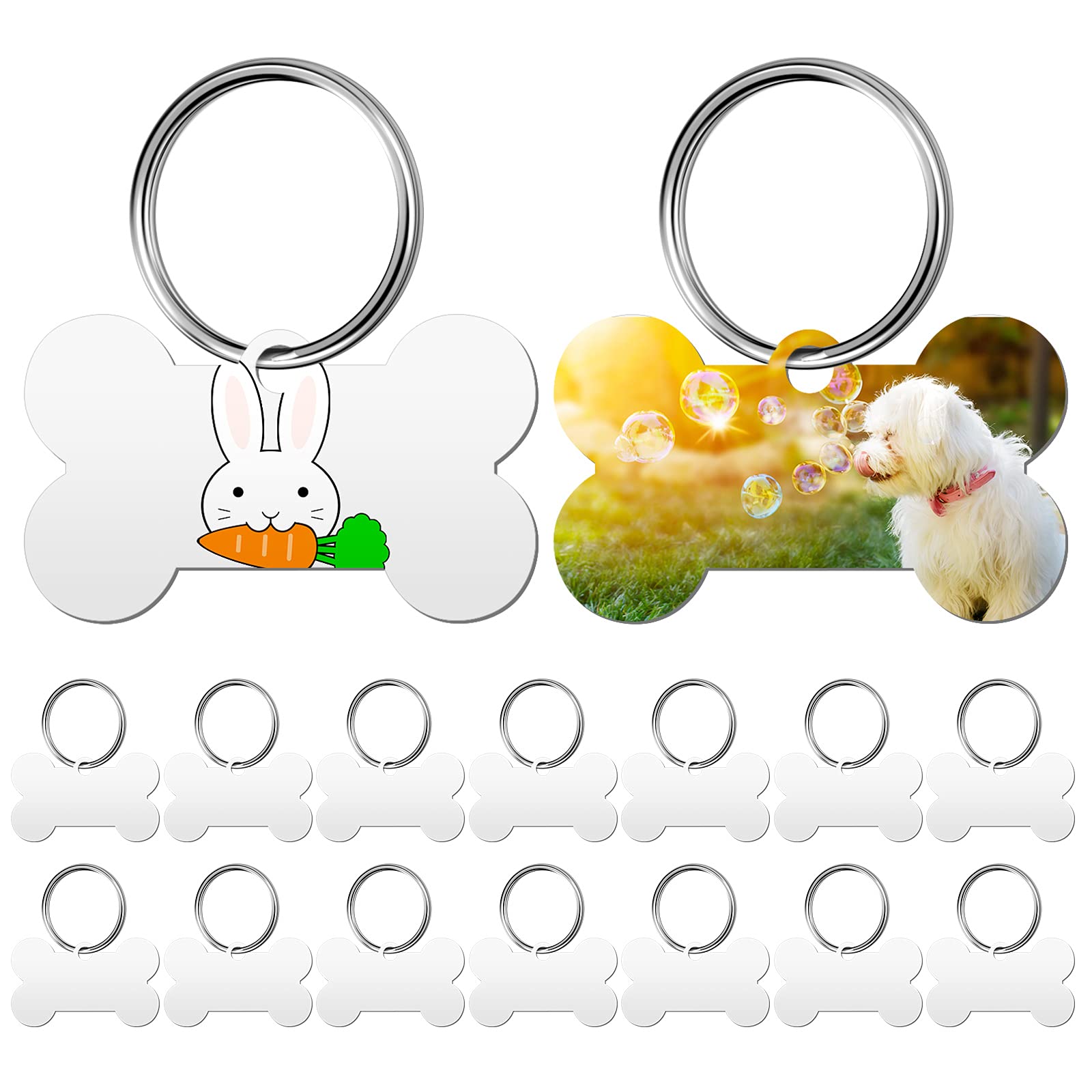 Hotop 16 Pieces Sublimation Blank Dog Tags Aluminum Bone Shaped Pet Name Id Tags Double Sided With 16 Pieces Key Rings For Dogs 