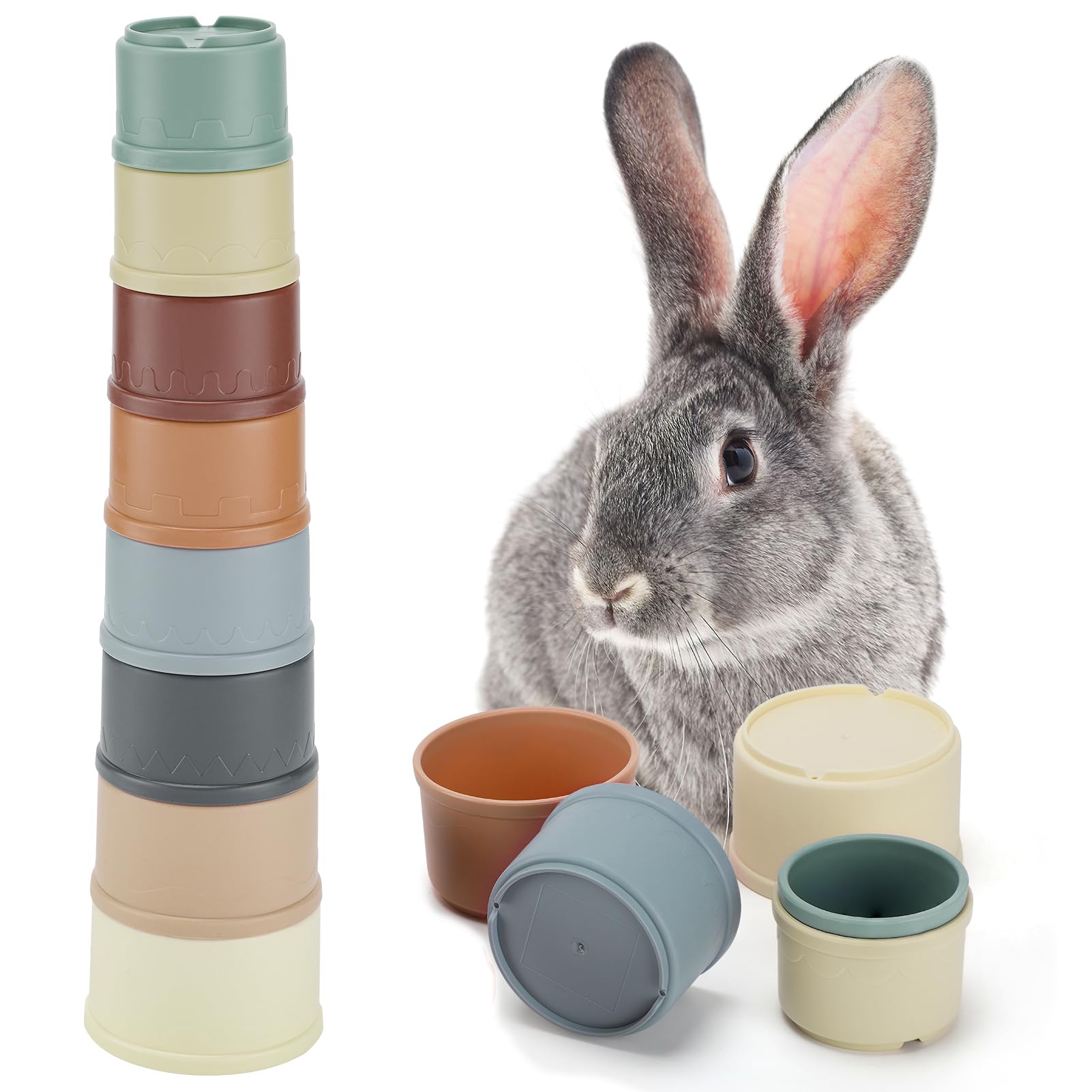 Mewtogo 8 Pcs Stacking Cups For Rabbits - Multi-Colored Reusable Bunny Toys Of Different Sizes, Safe Plastic Nesting Toys For Sm