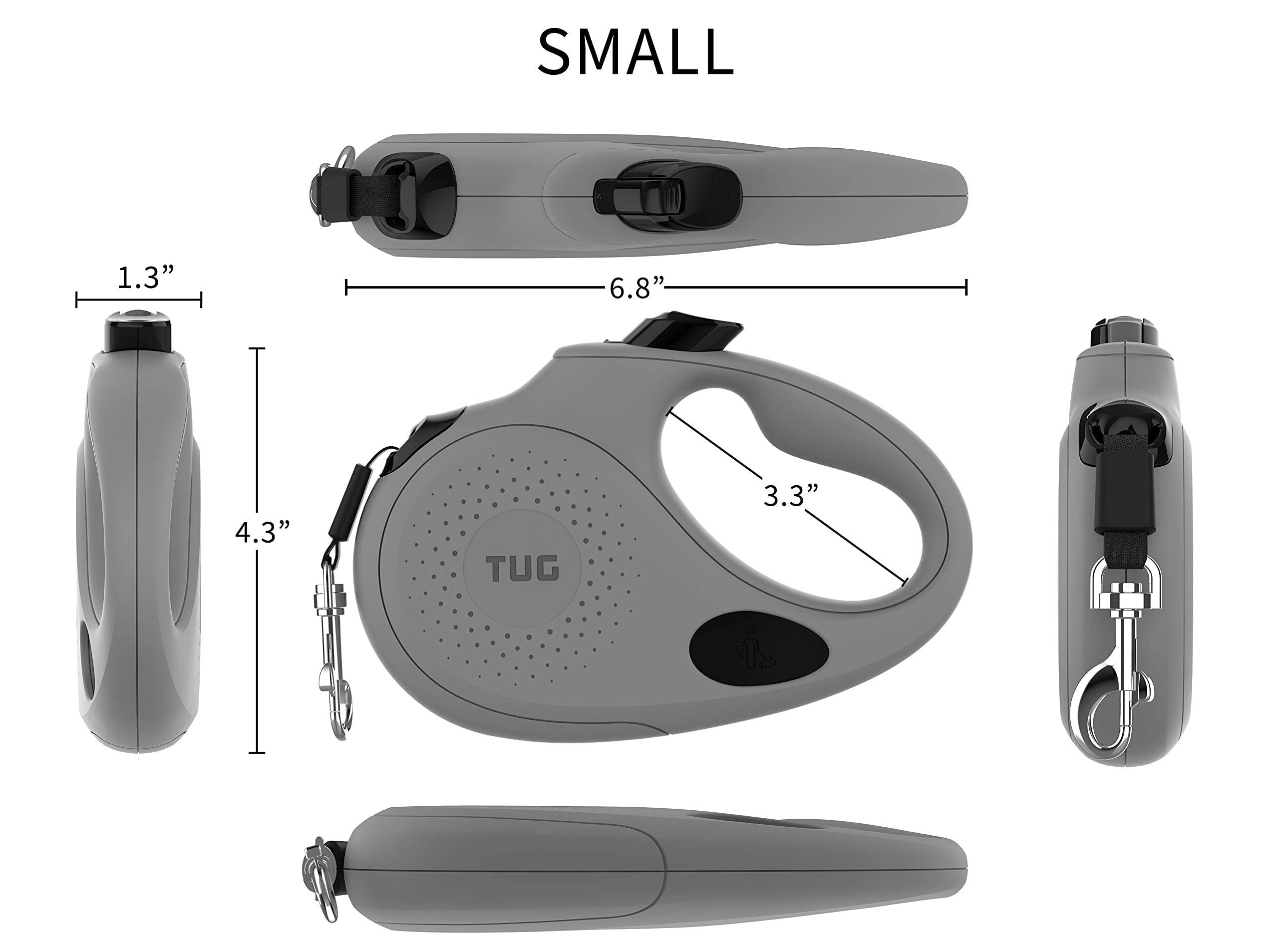 Tug Oval 360?Tangle-Free Retractable Dog Leash With Integrated Waste Bag Dispenser (Small, Grey)