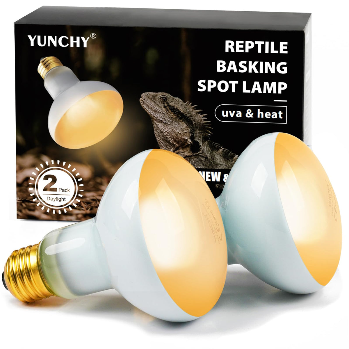 YUNCHY Reptile Heat Lamp, 100W Heat Lamp Bulbs for Reptiles 2 Pack, Amphibians Basking Heat Lamp Bulbs, UVA Daylight Basking Lig