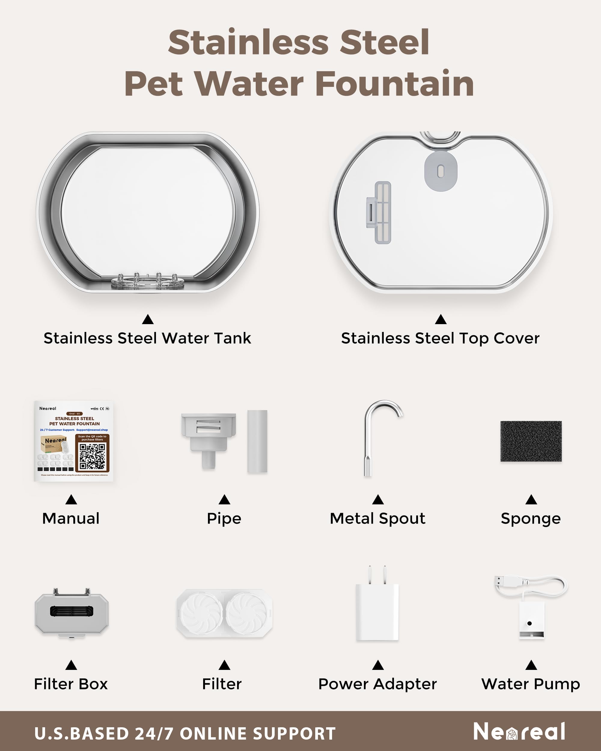 Cat Water Fountain Stainless Steel: 74oz/2.2L Cat Fountain for Drinking- Pet Water Fountain Inside - Automatic Dog Watering Disp