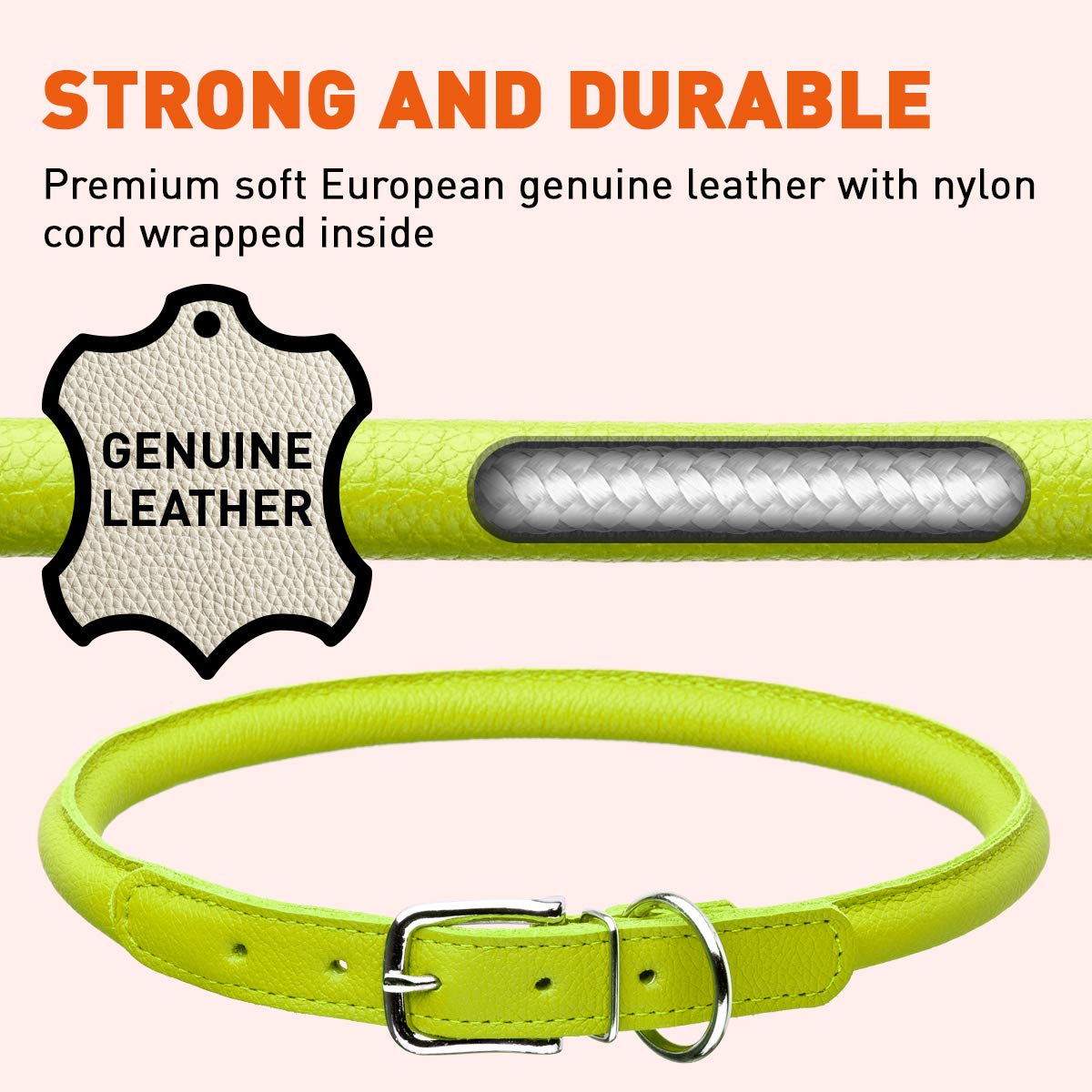 Dogline Soft And Padded Rolled Round Leather Collar For Dogs W1/4'' - L10''-13'', Green