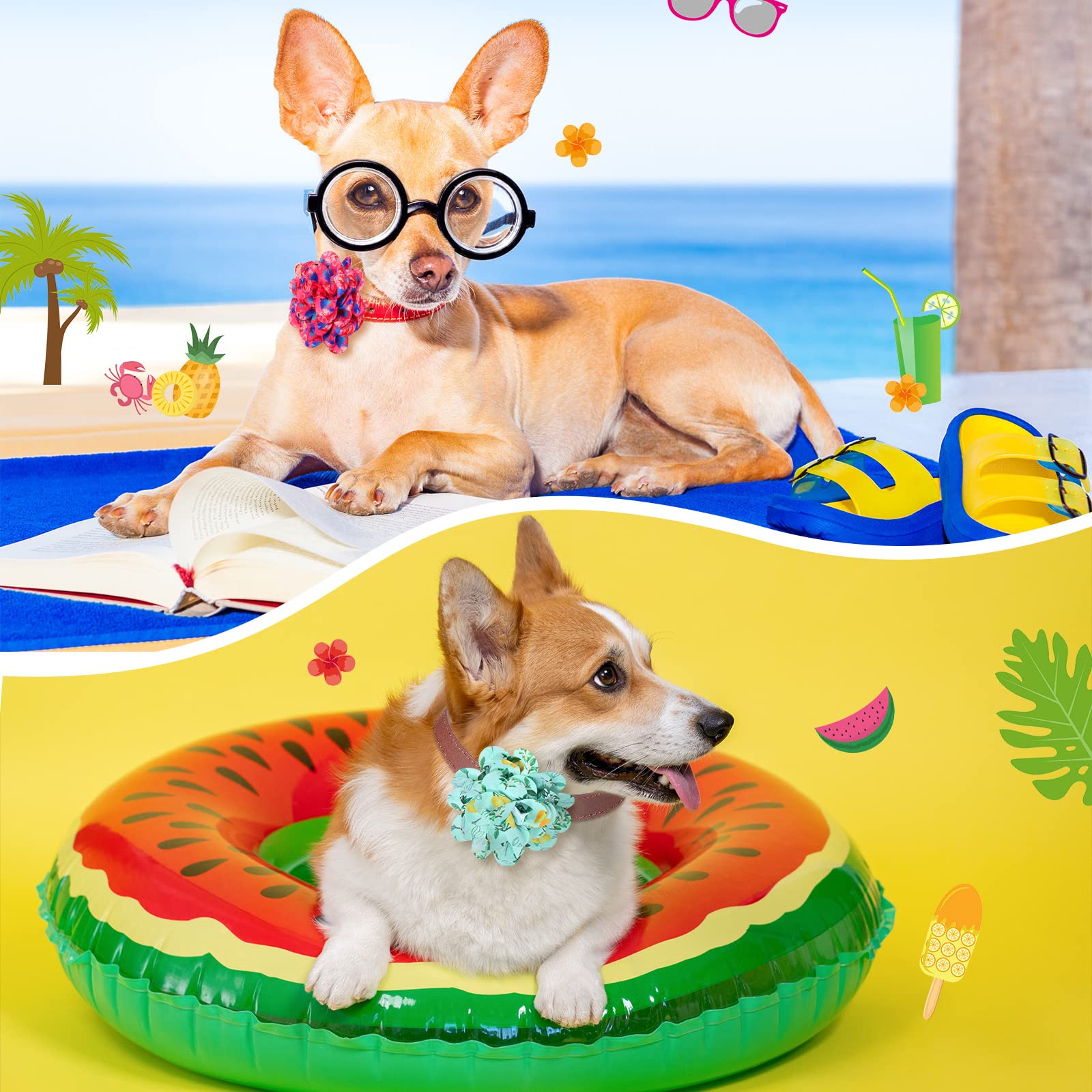 Hillban 80 Pieces Dog Collar Flowers Hawaiian Summer Dog Flowers Charms Grooming Accessories Collar Set Bow Tie For Puppy Cat At