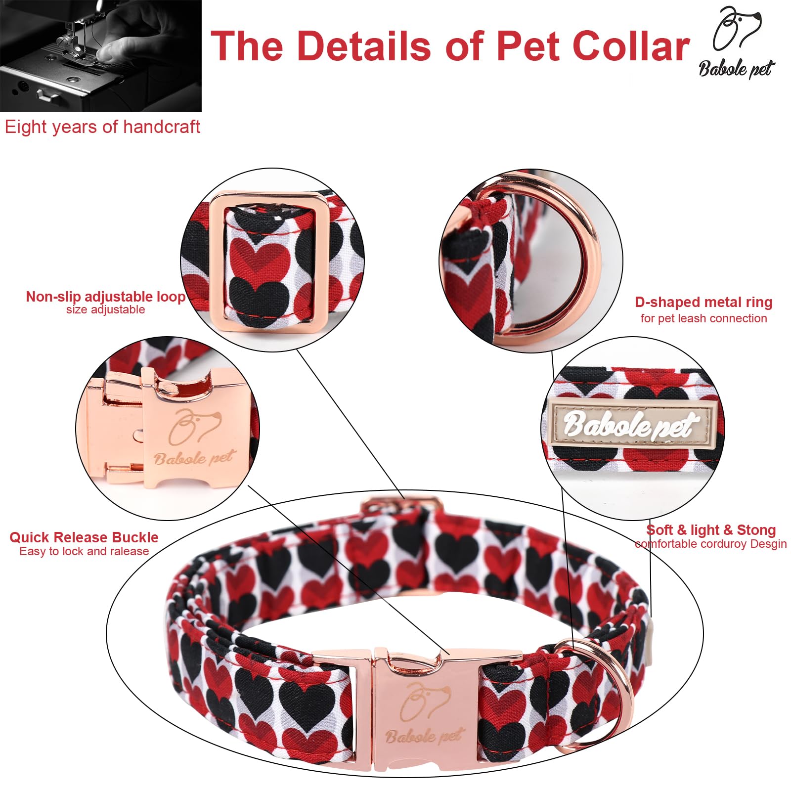 Babole Pet Valentines Dog Collar, Red Black Heart Valentine Pet Collar With Metal Buckel, Durable Adjustable Holiday Dog Collars
