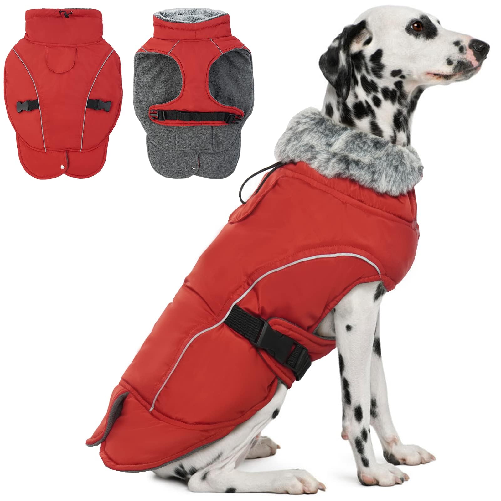 DENTRUN Dog Cold Weather Coats Winter Warm Dog Coat Windproof Cozy Dog Jacket Thick Fleece Vest Water Repellent Apparel with Har