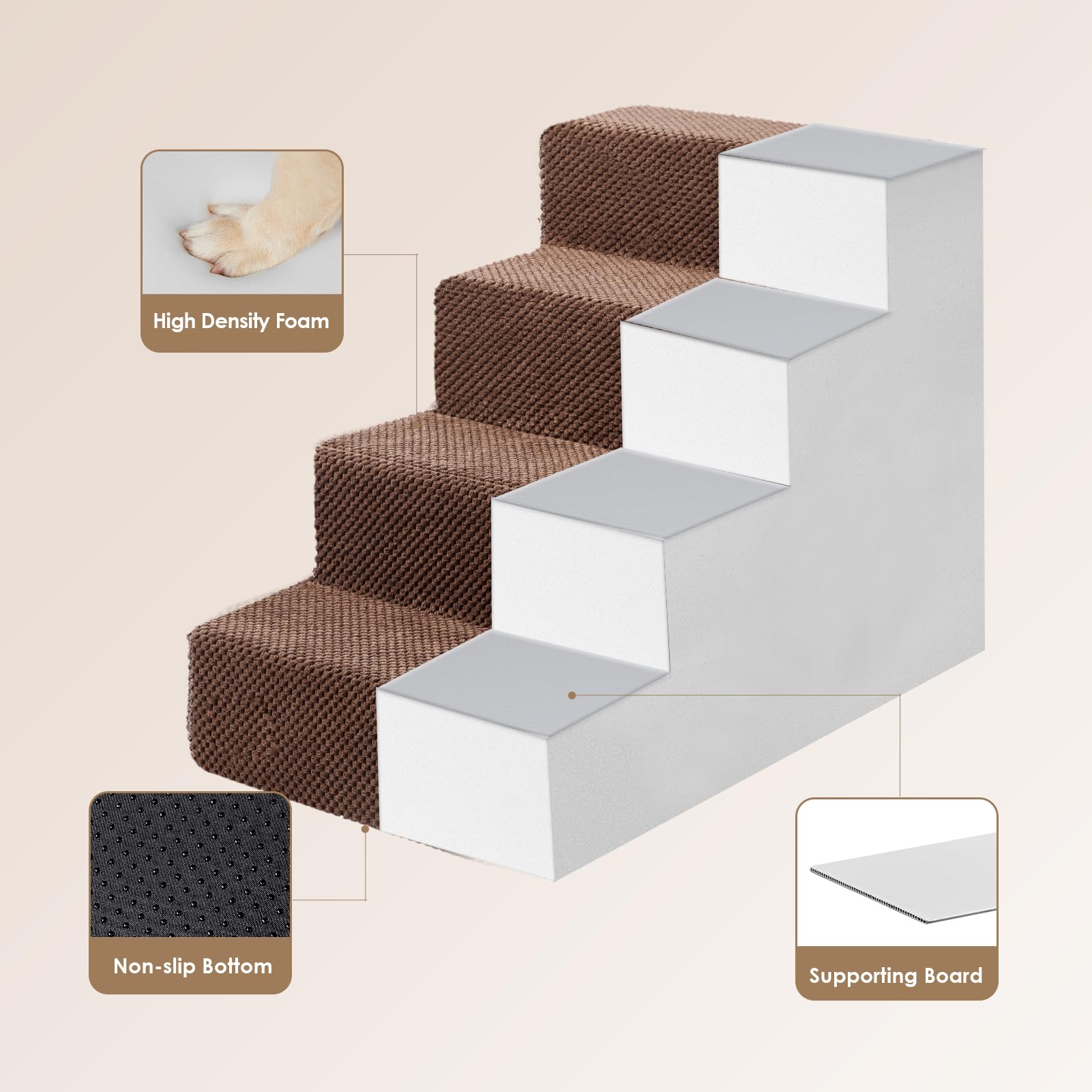 Eheyciga Dog Stairs For Bed 18”H, 4-Step Dog Steps For High Bed, Pet Steps For Small Dogs And Cats, Non-Slip Balanced Dog Indoor Ramp, Brown