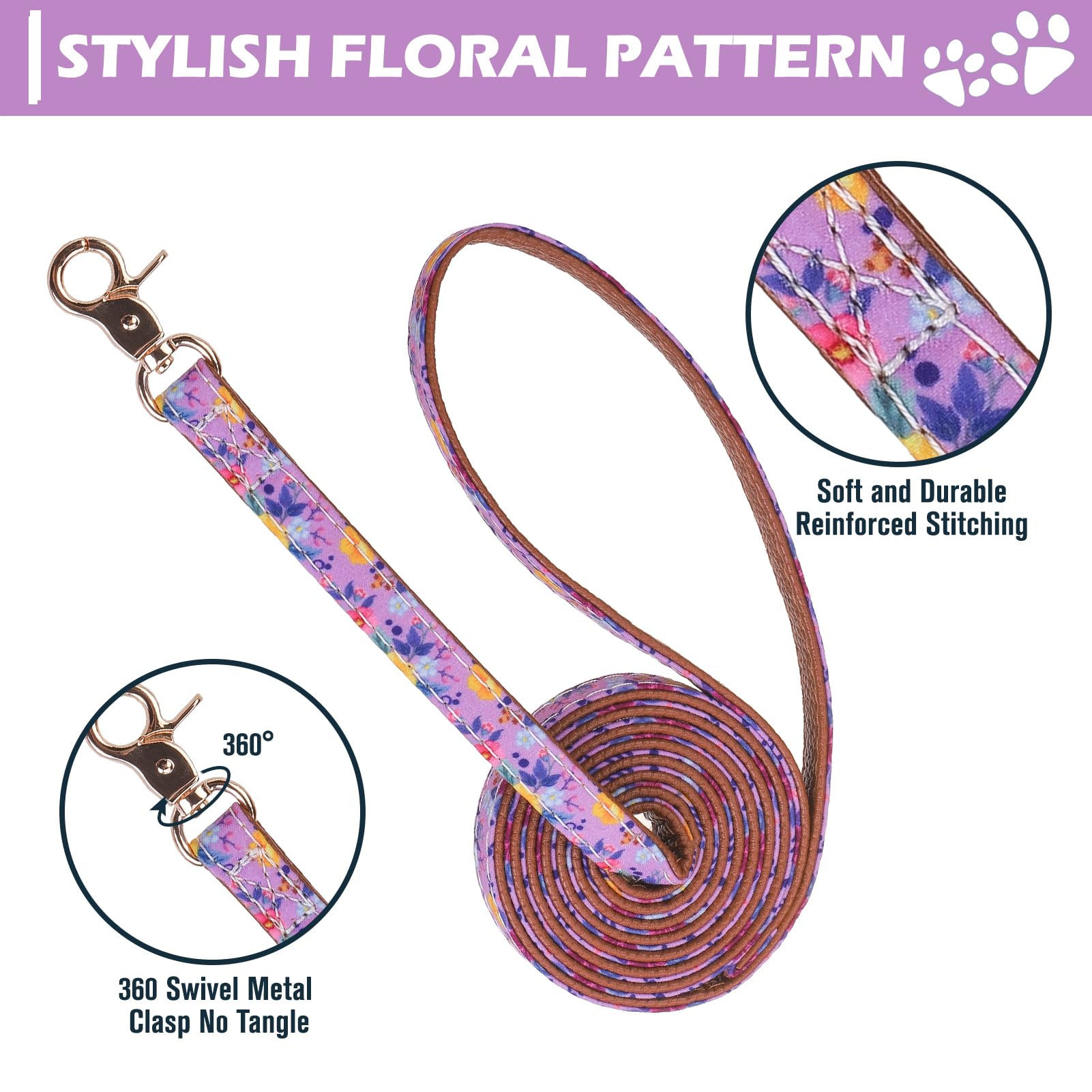 Expawlorer Puppy Collar And Leash Set - Embroidery Floral Dog Collar And Dog Leash Set, Cute Flower Bow Tie And Bandana Dog Coll