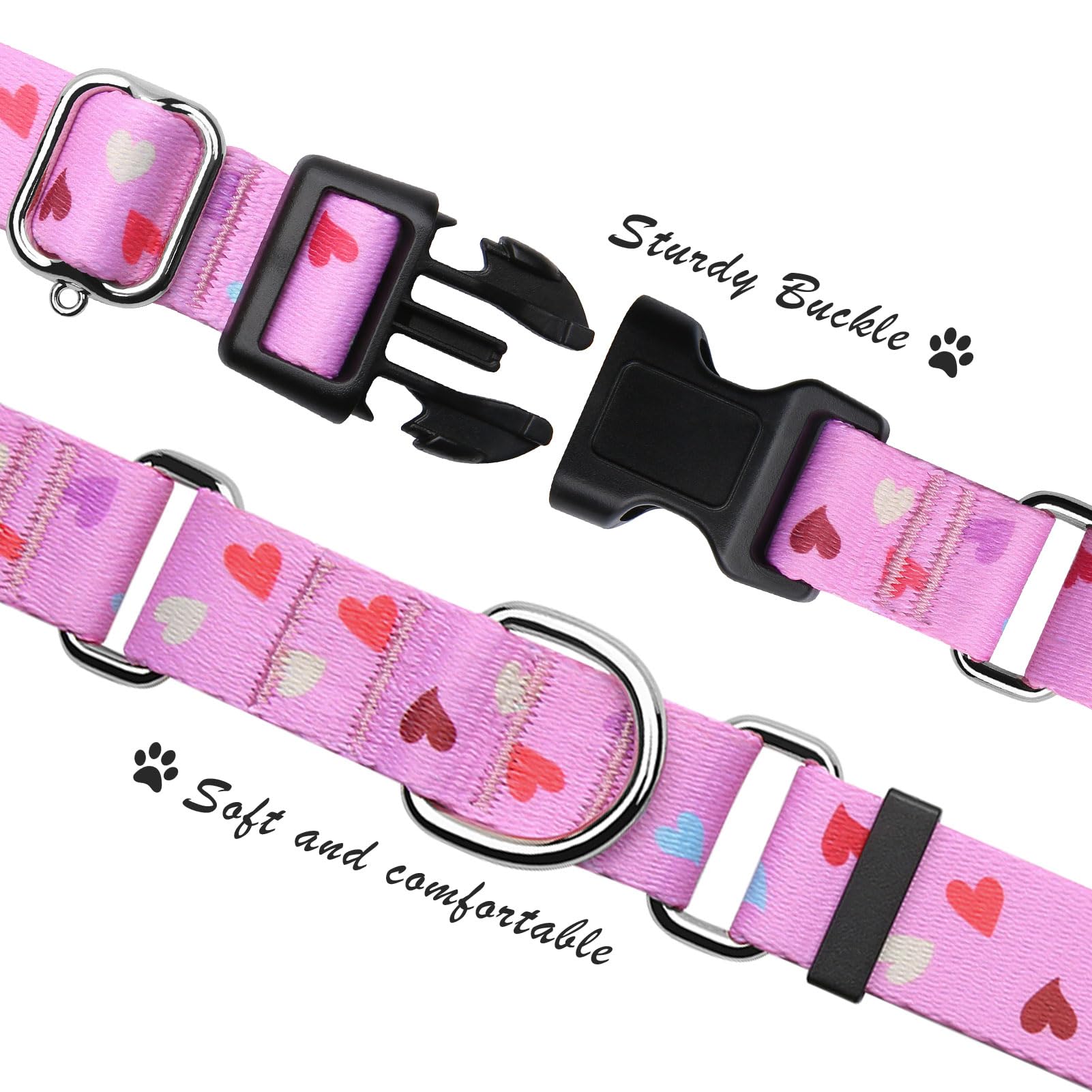 Hikiko Cute Pink Martingale Collar With Heart Design Soft Nylon Quick Release Buckle Dog Collars For Large Dogs (Fresh Love,Larg