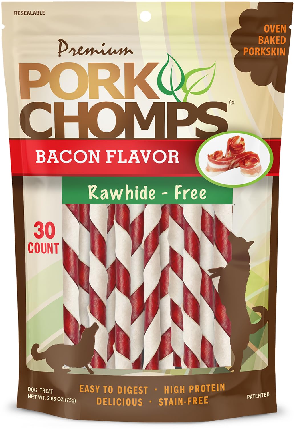 Pork Chomps Baked Pork Skin Dog Chews, 5-Inch Mini Twists, Bacon Flavor Wrap, 30 Count