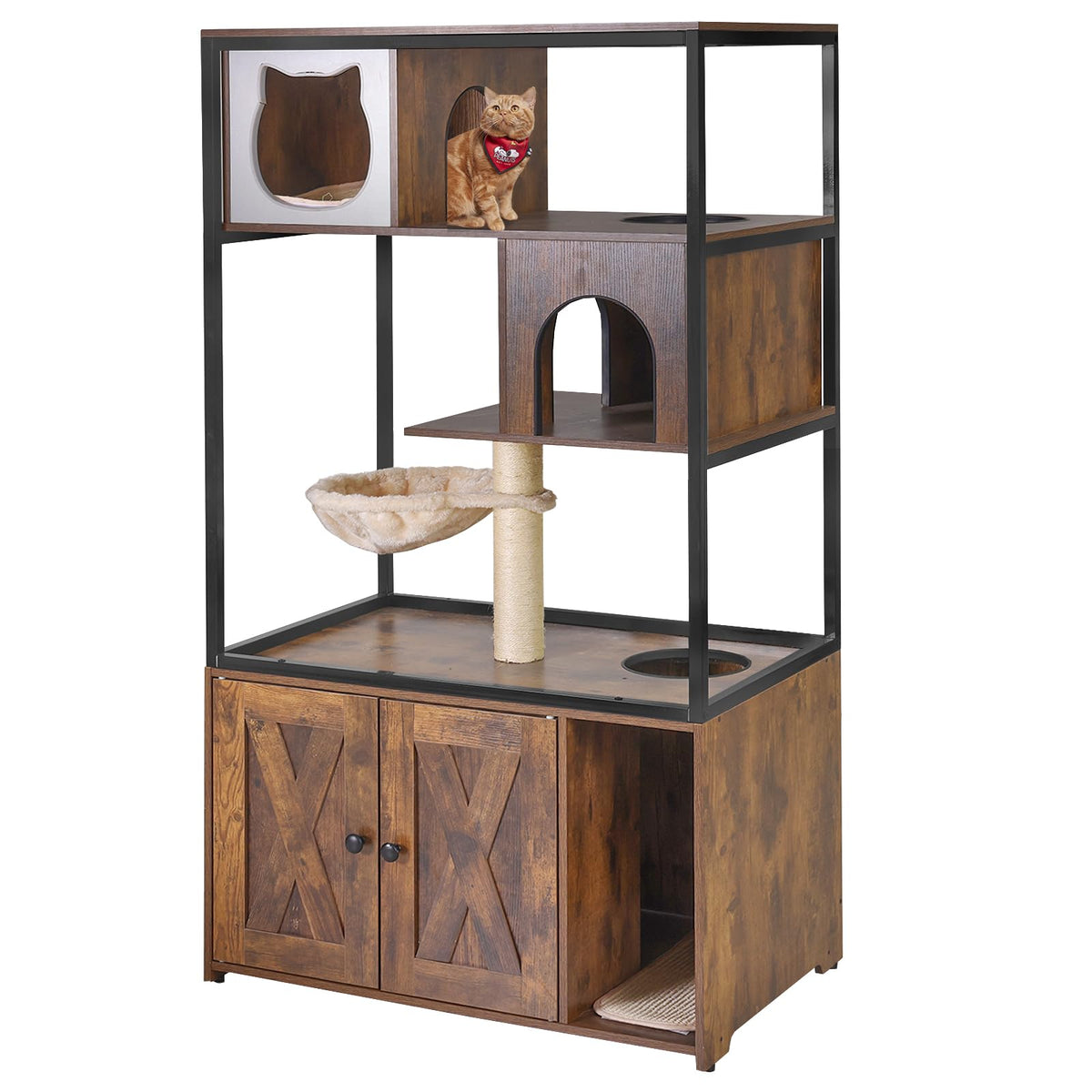 Aivituvin Wooden Cat Washroom Furniture - Enclosure With Hidden Litter Box, Condo, Hammock, Scratching Mat And Storage Shelves