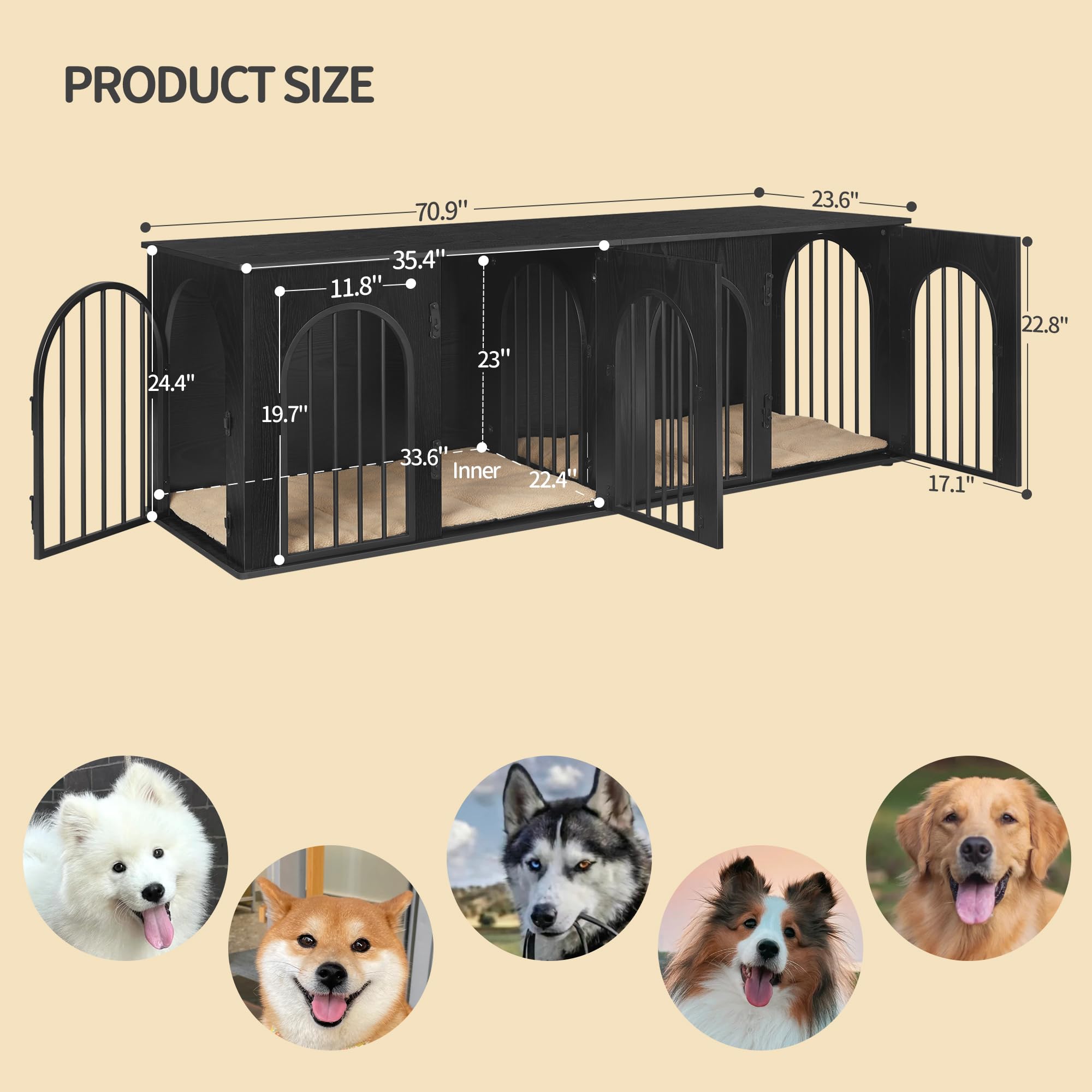 Hzuaneri 71 Dog Crate Furniture for 2 Dogs, Heavy Duty Indoor Dog Kennel TV Stand, XL Wooden Dog Cage with Divider for Medium La