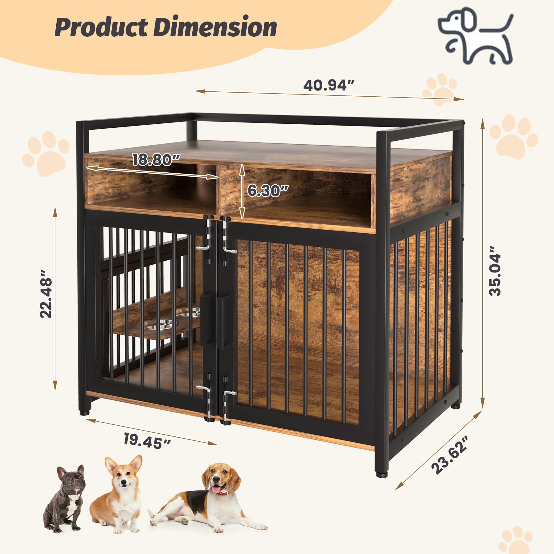 GarveeHome Dog Crate Furniture, Large Dog Cage with 2 Open Storage Shelves, 41 Inch Dog Kennel with Adjustable Raised Feeders, I
